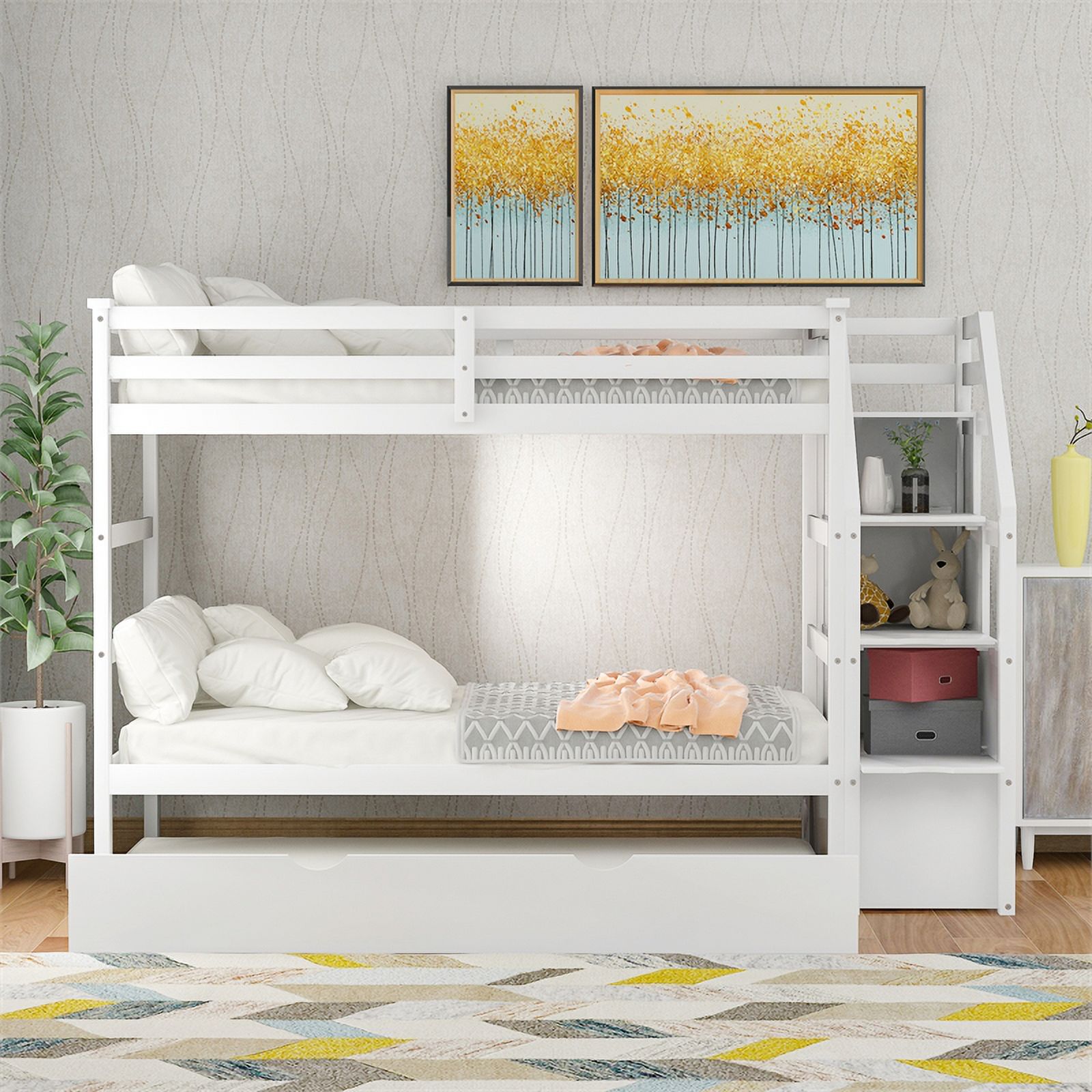 CRO Decor Twin-Over-Twin Bunk Bed with Twin Trundle and 3 Storage Stairs(White)
