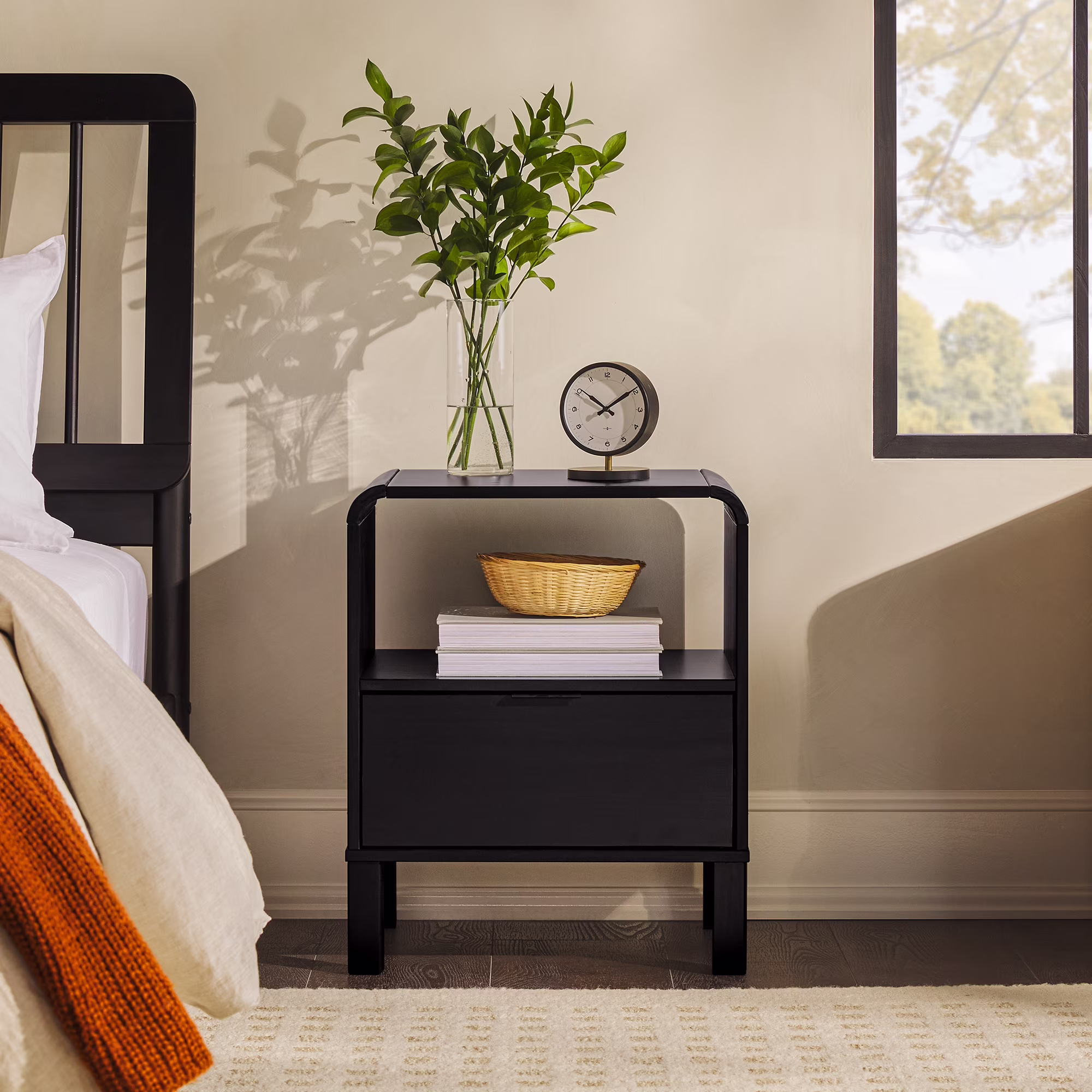 Walker Edison Modern Curved-Frame Solid Wood Nightstand, Black