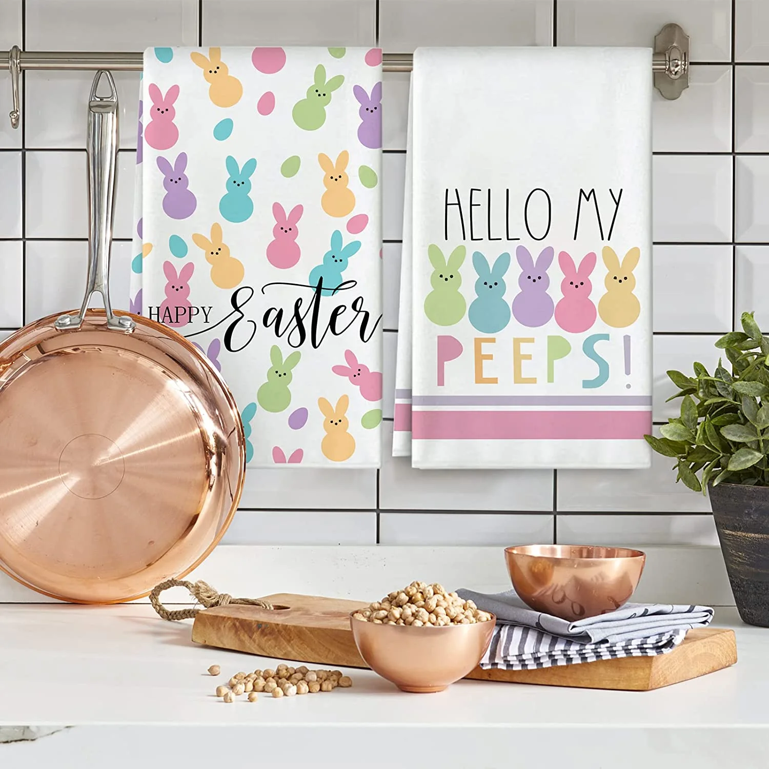 JOOCAR Easter Kitchen Towels, Colorful Cartoon Bunny Happy Easter Hello My peeps 16x27.5 Inches Kitchen Towels For Kitchen Decor Housewarming Gift Towels Set of 2