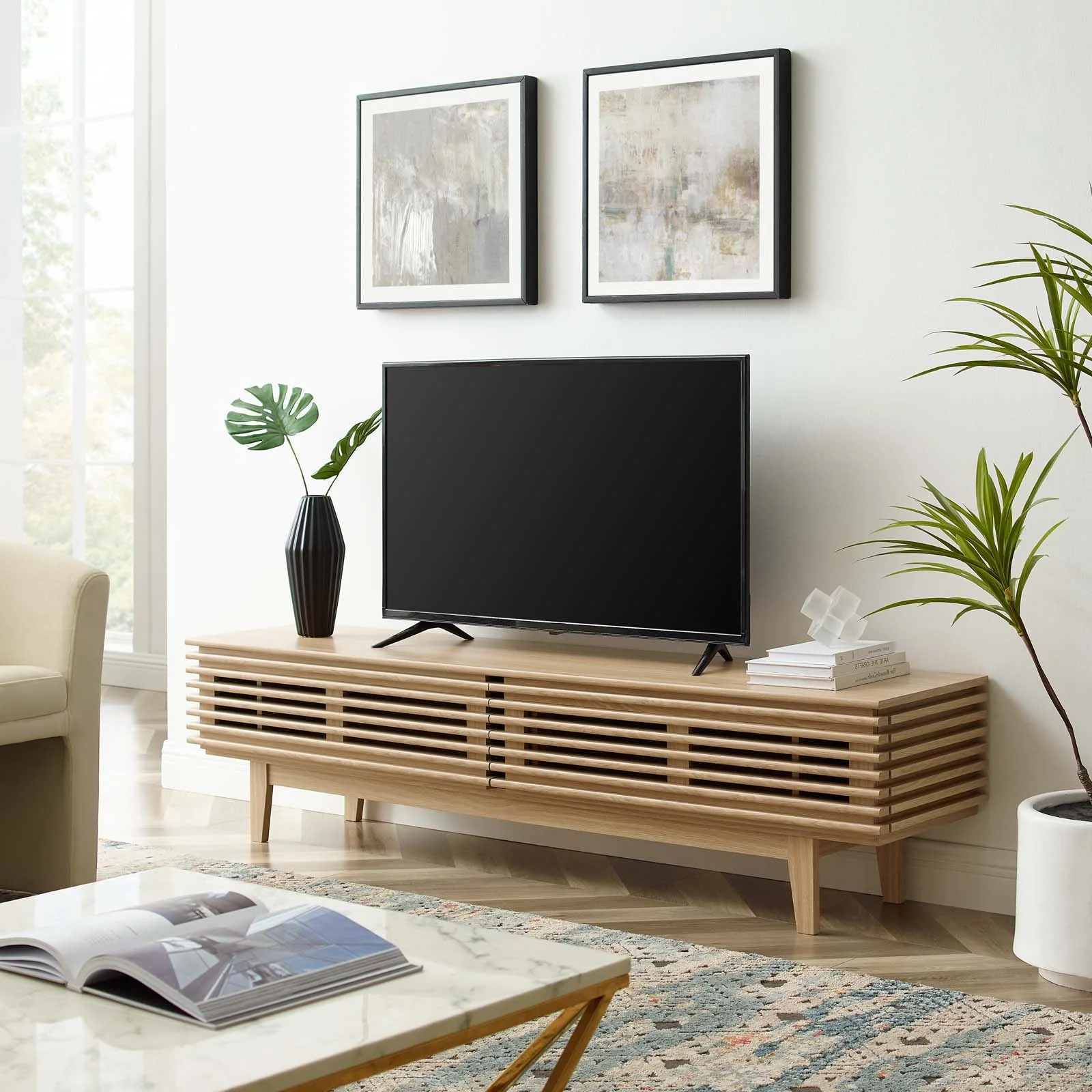 Media TV Stand Console Table, Wood, Brown Oak, Modern Contemporary Urban Design, Living Lounge Room Hotel Lobby Hospitality