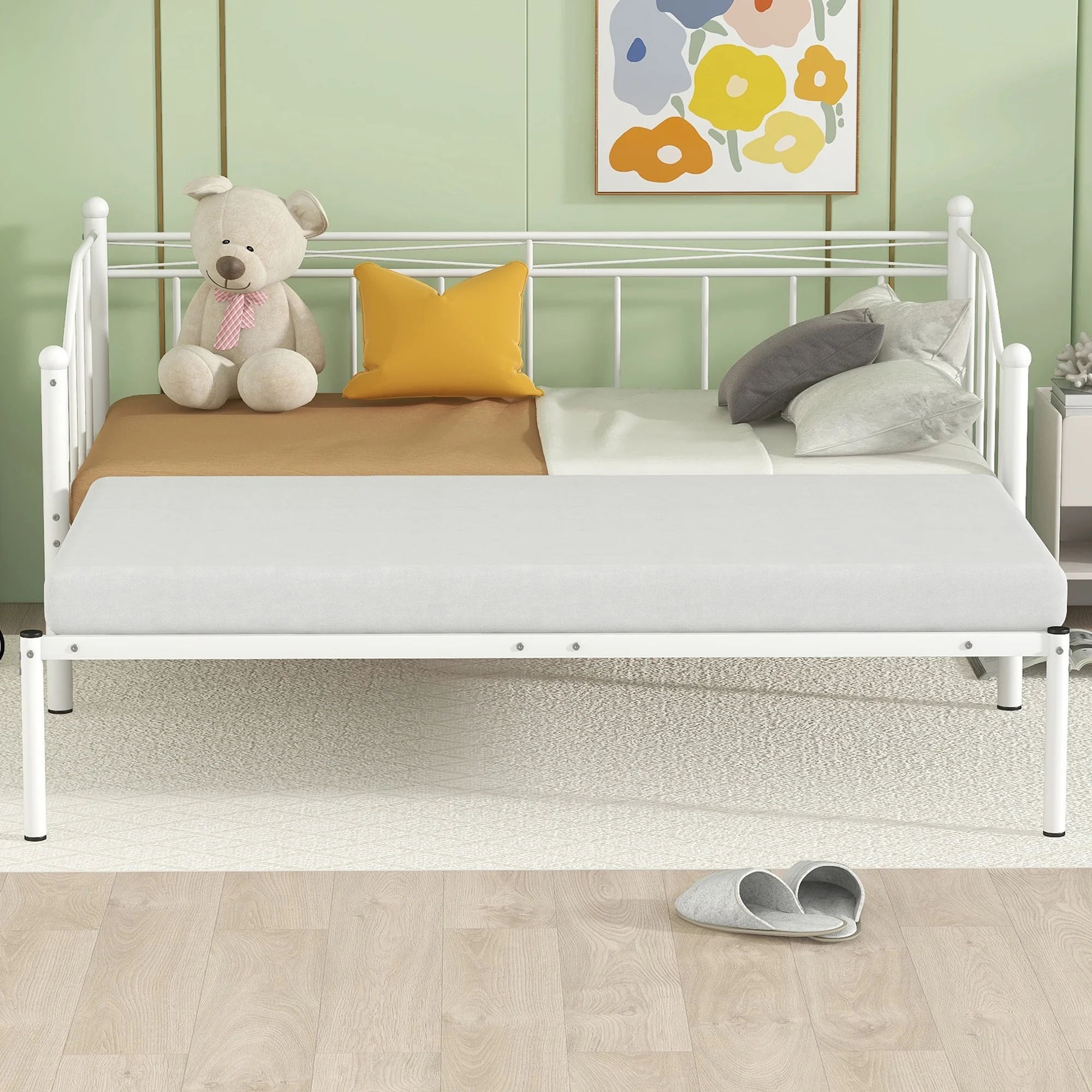 HSUNNS Twin Size Metal Frame Daybed with Pullout Trundle, Heavy Duty Steel Slat Support Sofa Bed Trundle Bed for Kids Boys Girls Teens Adults Guests, No Spring Box Needed, White