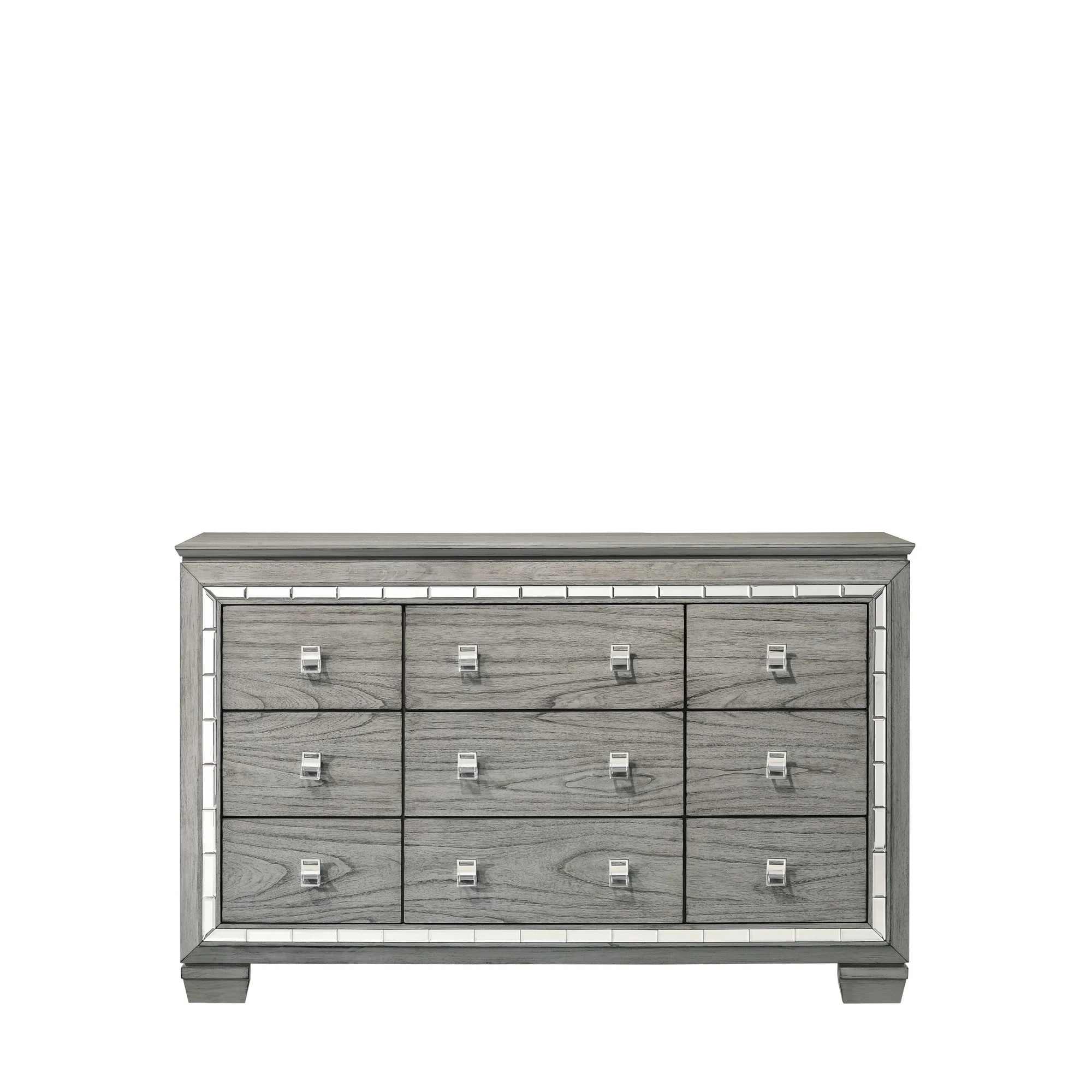 Dresser with 9 Drawers and Mirror Trim Inlay, Gray