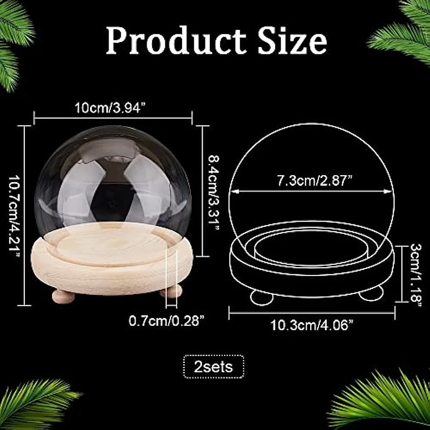 2 Sets Round Glass Display Dome Mini Glass Cloche Dome Clear Glass Display Dome Cover with Wood Base