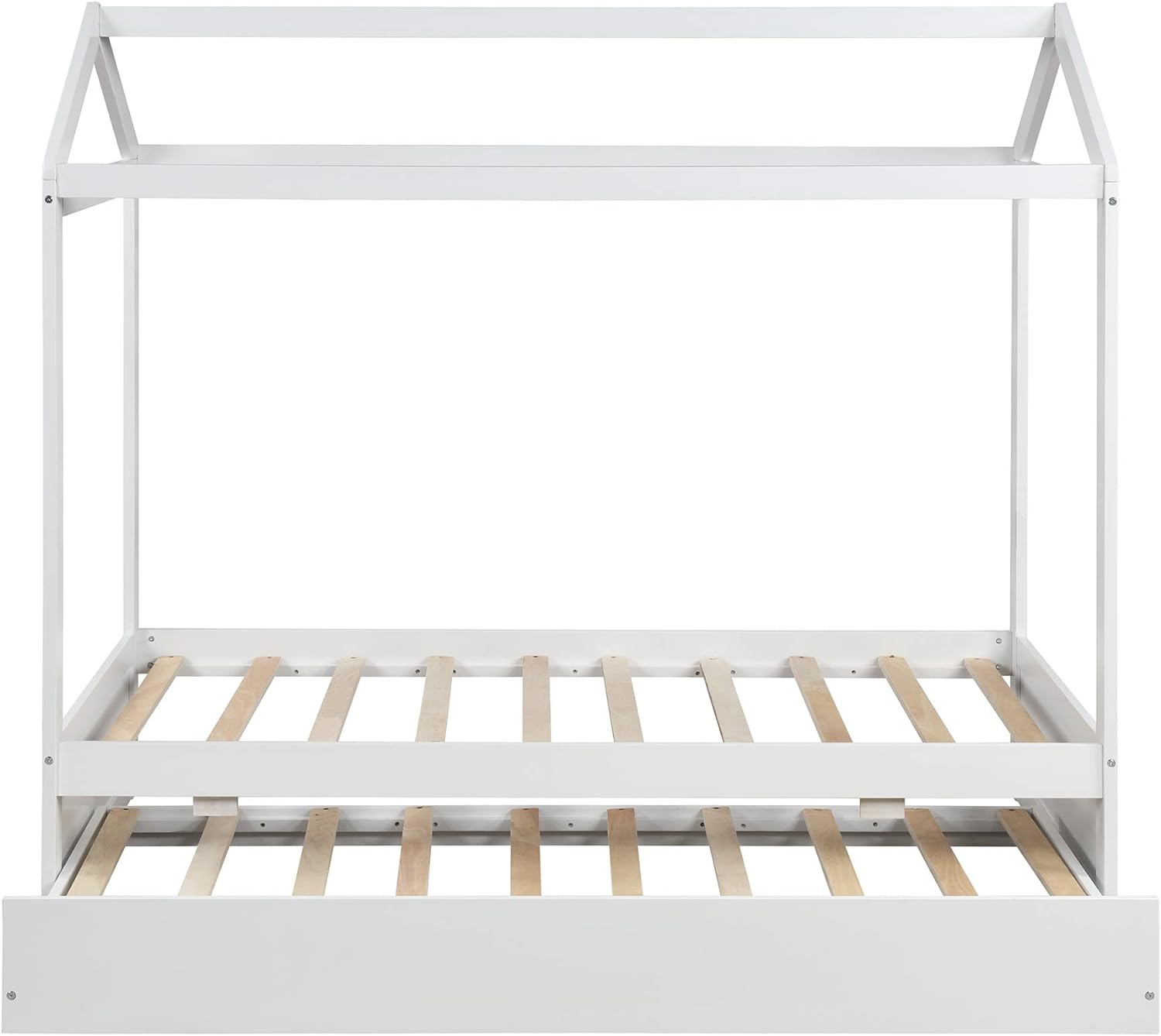 House Bed , Bed Frame With Trundle And Roof, Toddler Daybed , Children's Bed, No Box Spring Needed ,White