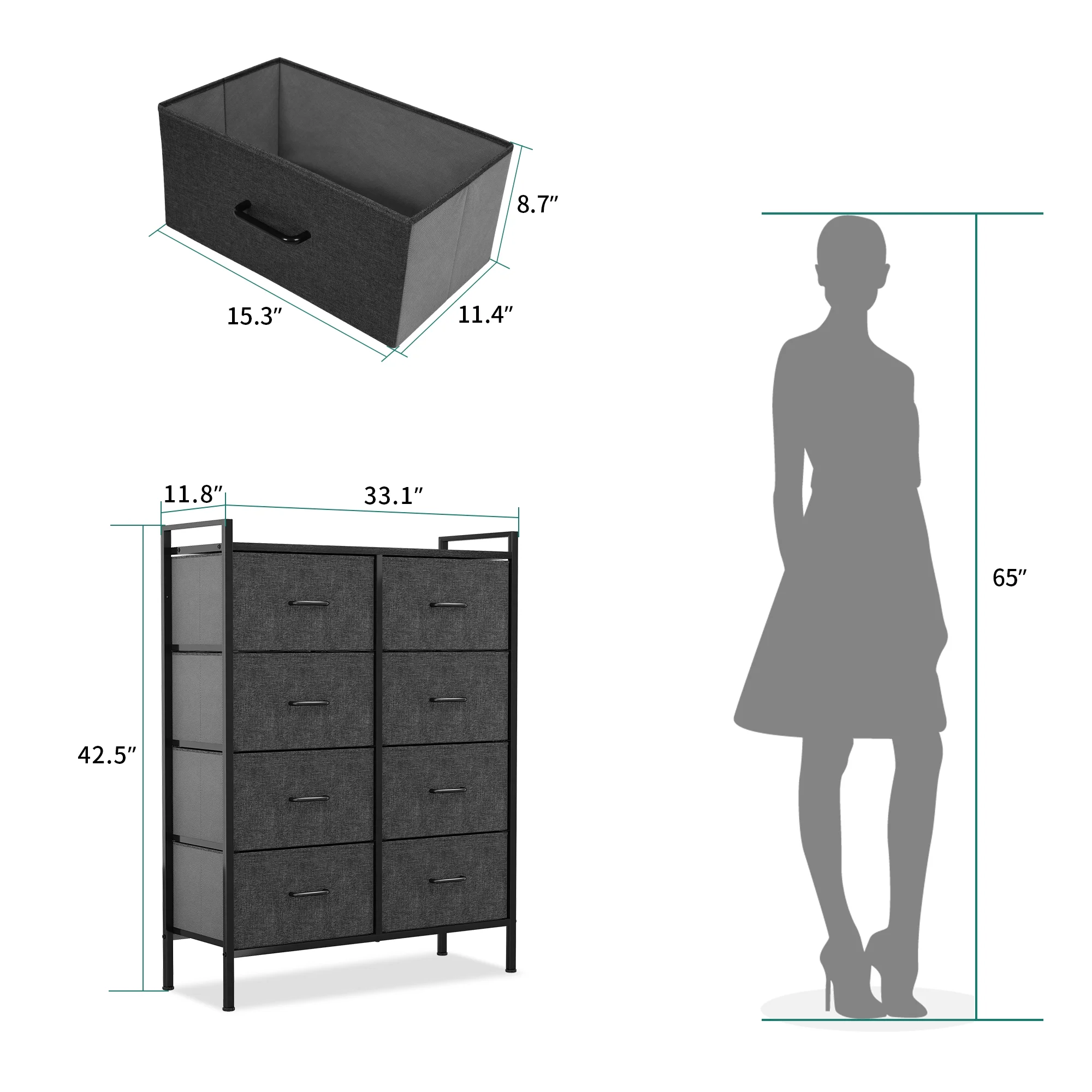 Dextrus 8 Drawer Storage Dresser Furniture Fabric Storage Tower Cabinet Bin Storage Organizer for Living Room Kids Room, Black Gray