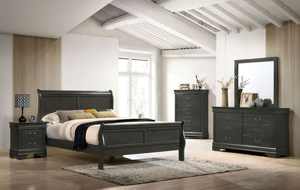 Bedroom Furniture Gray Color Solid wood Simple Transitional 6pcs Set Eastern King Size Bed Dresser Mirror Nightstands Chest