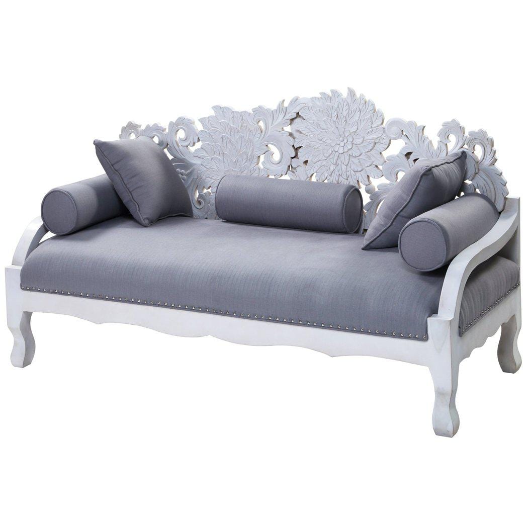 Hand Carved White Wash Lace Lotus Daybed Sofa with Throw Pillows
