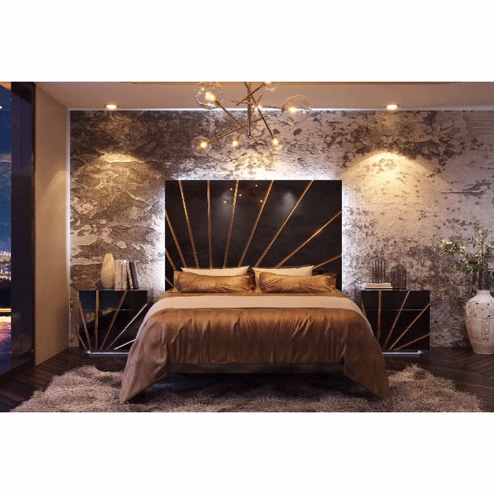 Oro 5-Piece Bedroom Set in Black High Gloss, Queen Size