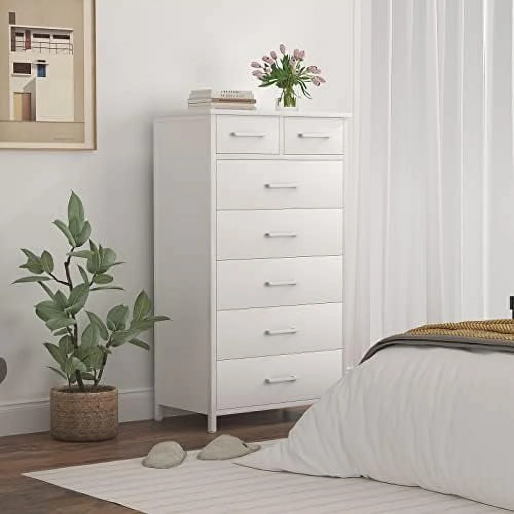 7 Drawer White Dresser  Industrial Wood Dresser for Bedroom  Sturdy Steel Frame   Dresser for Bedroom
