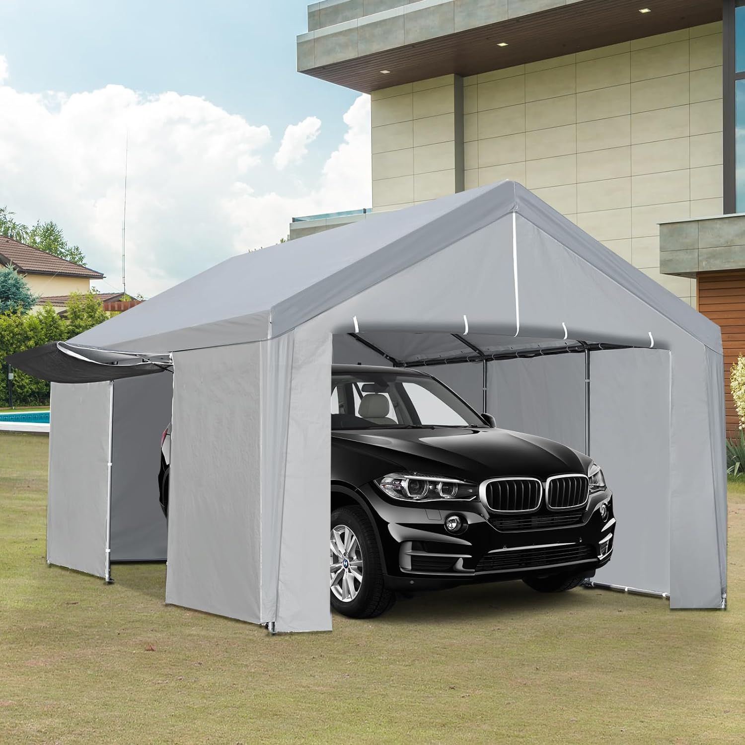 Carport 13×20 FT Heavy Duty Car Canopy Storage Shed, Portable Garage Party Tent with Removable Sidewall & Door, Reinforced Triangular Beam, Metal Frame, All-Season Tarp for Truck Shelter, Grey