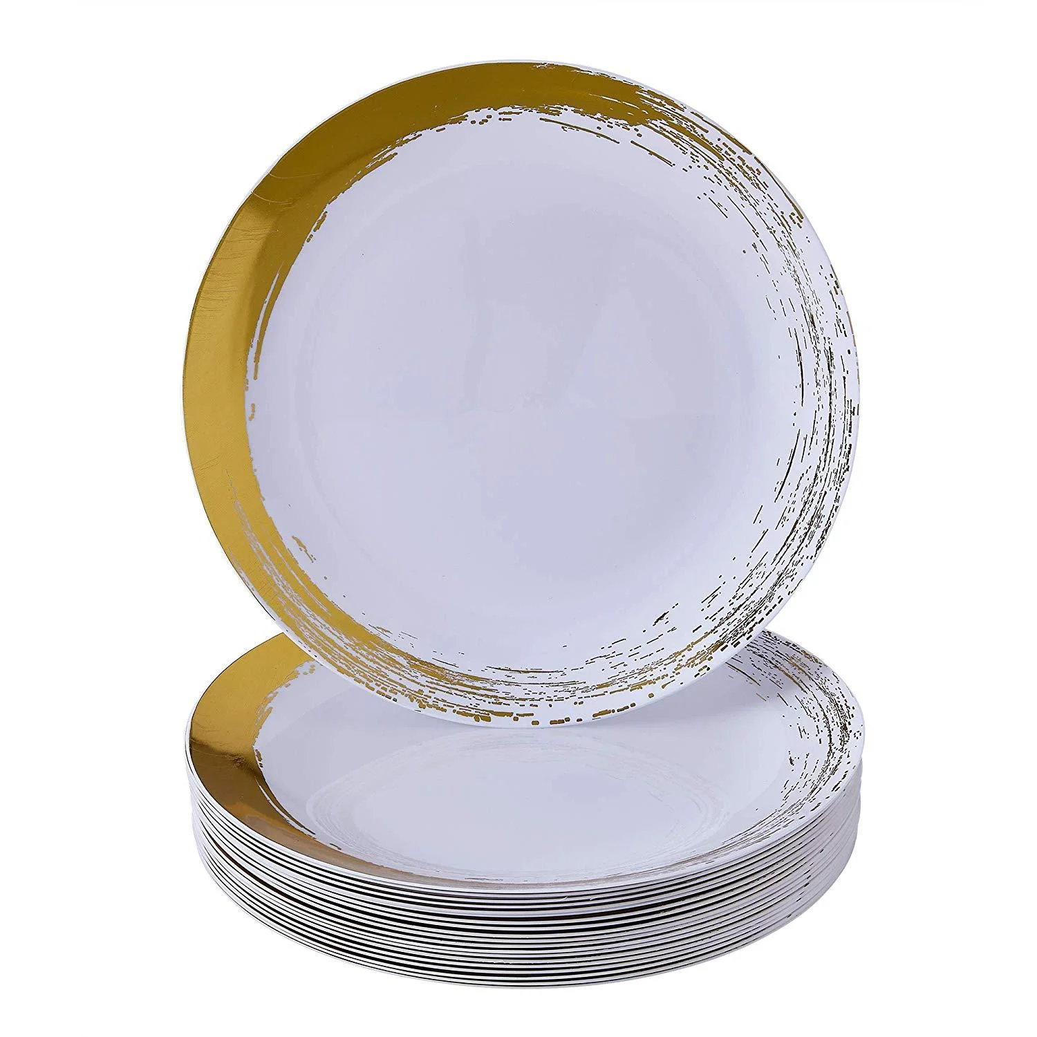 DISPOSABLE DINNER PLATES | 20 pc | Heavy Duty Plastic Dishes | Elegant Fine China Look | Brushed – Gold 10.25”