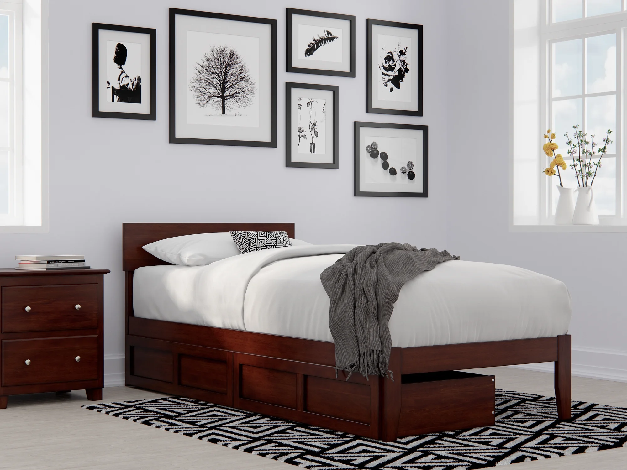 Boston Twin Extra Long Bed with 2 Extra Long Drawers in Walnut