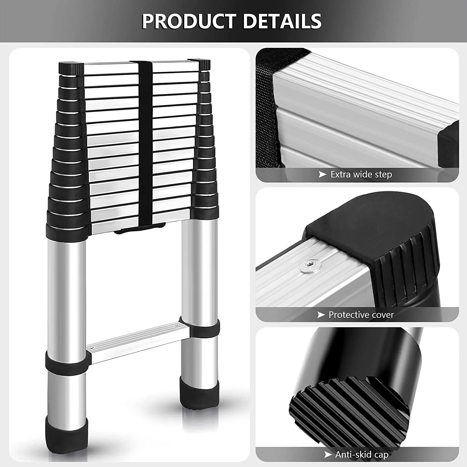 KEERDAO 14.5FT / 4.4M Aluminum Telescopic Ladder Folding Step Inward Sliding Retraction Extension Ladder Multi-Use Non-Slip Collapsible Ladder