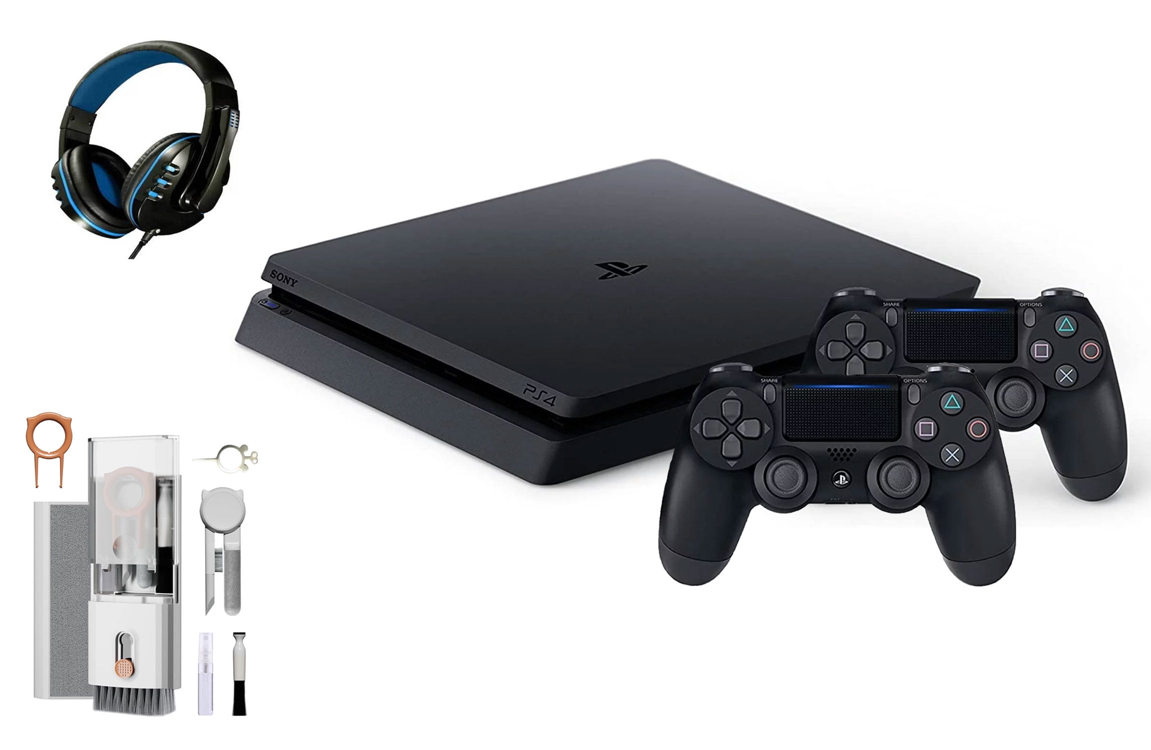 Sony 2215B PlayStation 4 Slim 500GB Gaming Console Black, Headset 2 Controller With BOLT AXTION Cleaning Kit Bundle Like New