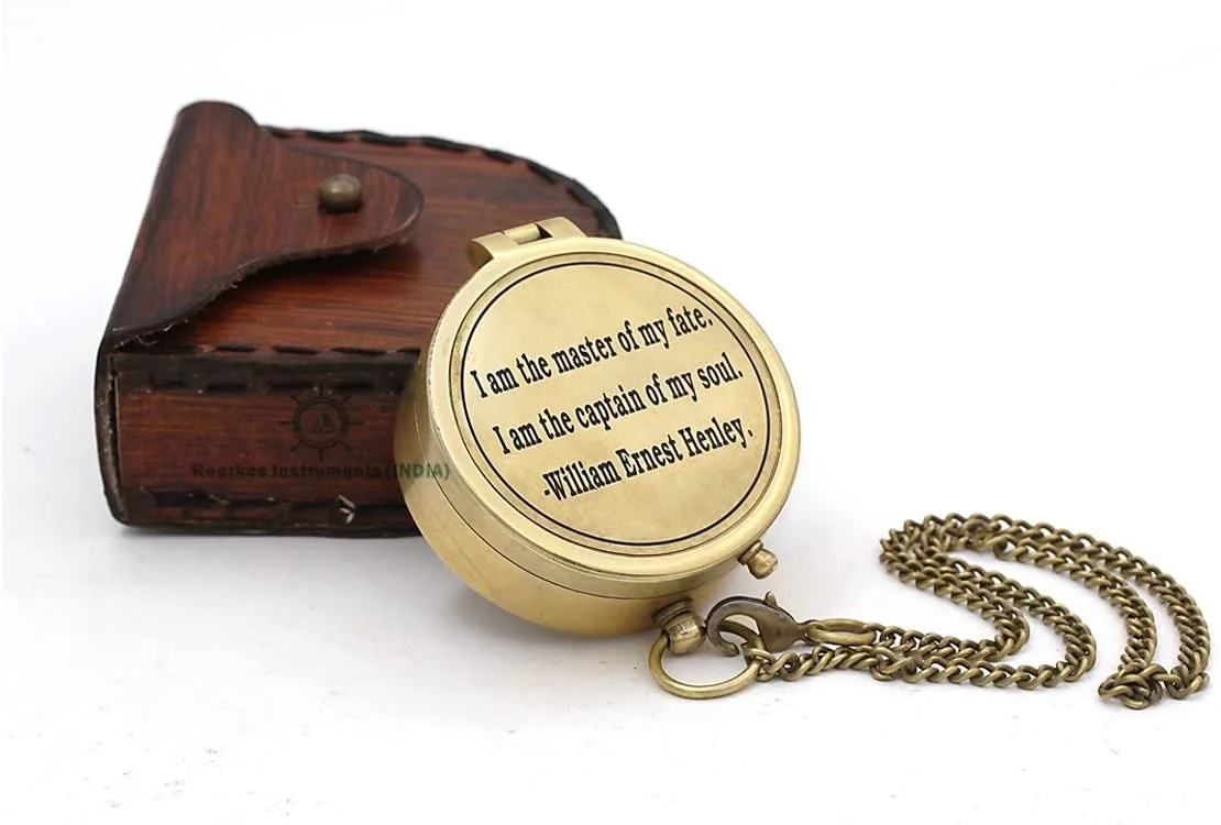 Roorkee Instruments India Directional Compass William Ernest Heanly Quote Engraved with Stamped Leather Case for Camping, Hiking, Touring…