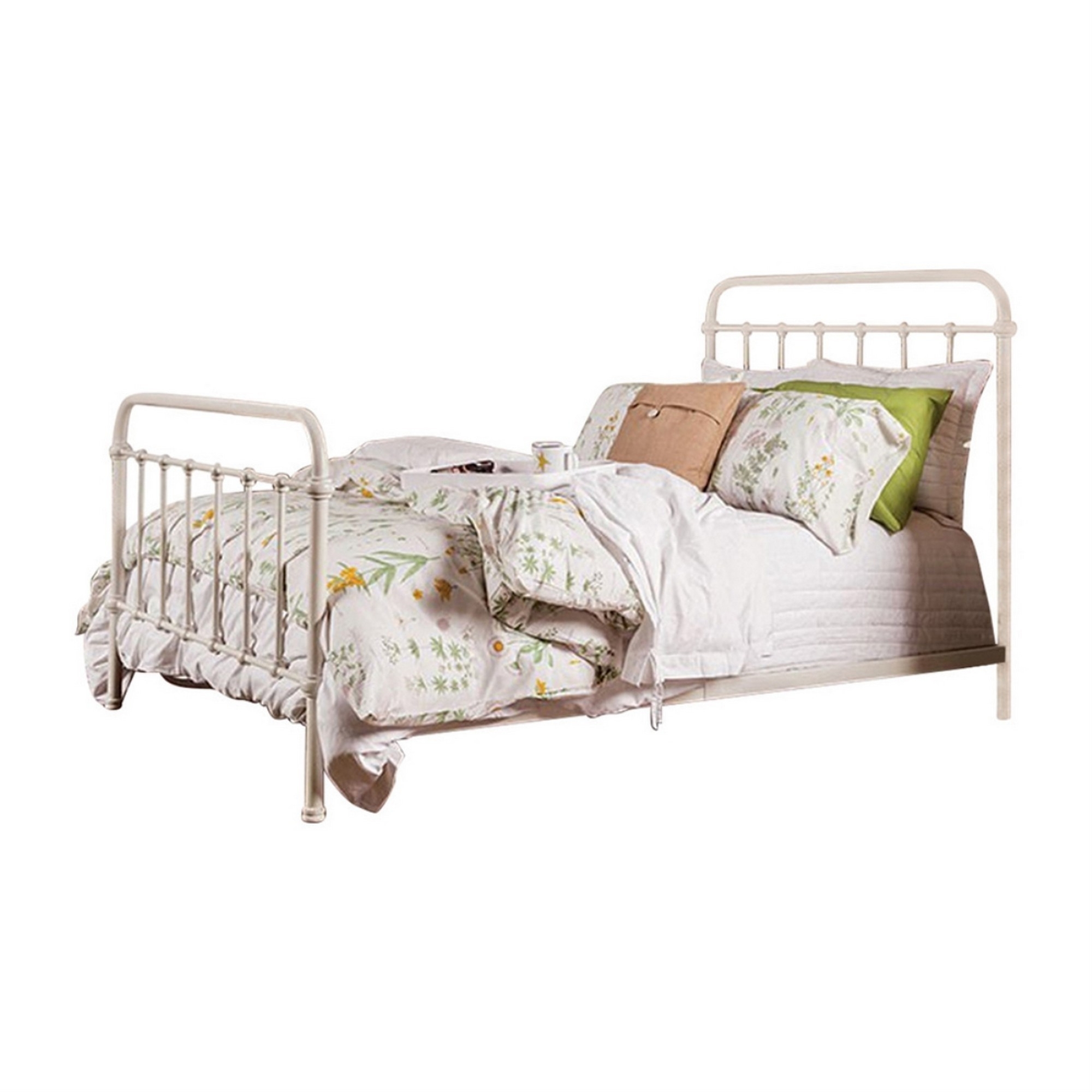 Industrial Style Metal Frame Twin Size Bed with Spindle Design Antique White- Saltoro Sherpi