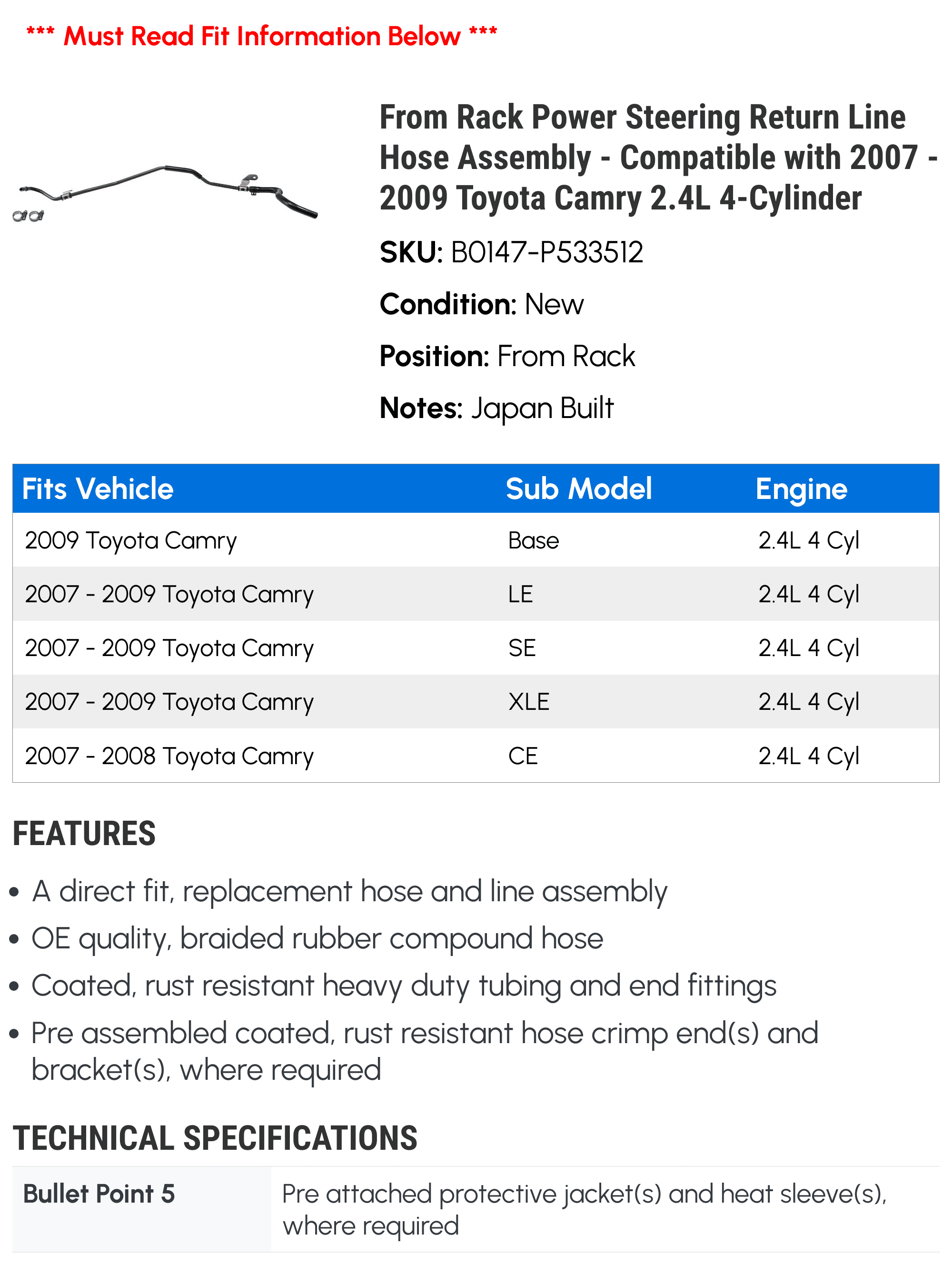 From Rack Power Steering Return Line Hose Assembly - Compatible with 2007 - 2009 Toyota Camry 2.4L 4-Cylinder 2008