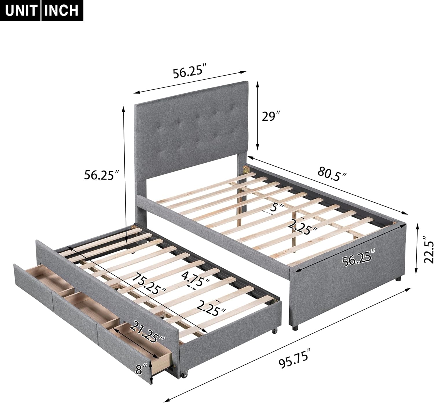 Upholstered Full Size Platform Bed With Headboard, Wood Full Bed Frame With Pull-Out Trudle Ad 3 Drawers Udereath, Lie Full Storage Ad Trudle Bed For Kids Tees,Gray
