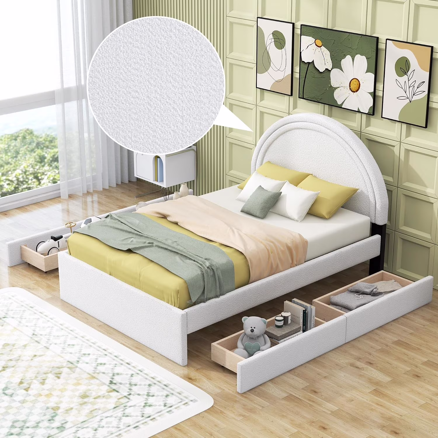 Full Size Teddy Upholstered Platform Bed With Four Drawers Udereath,Full Bed Frame With Curve-Shaped Headboard,White