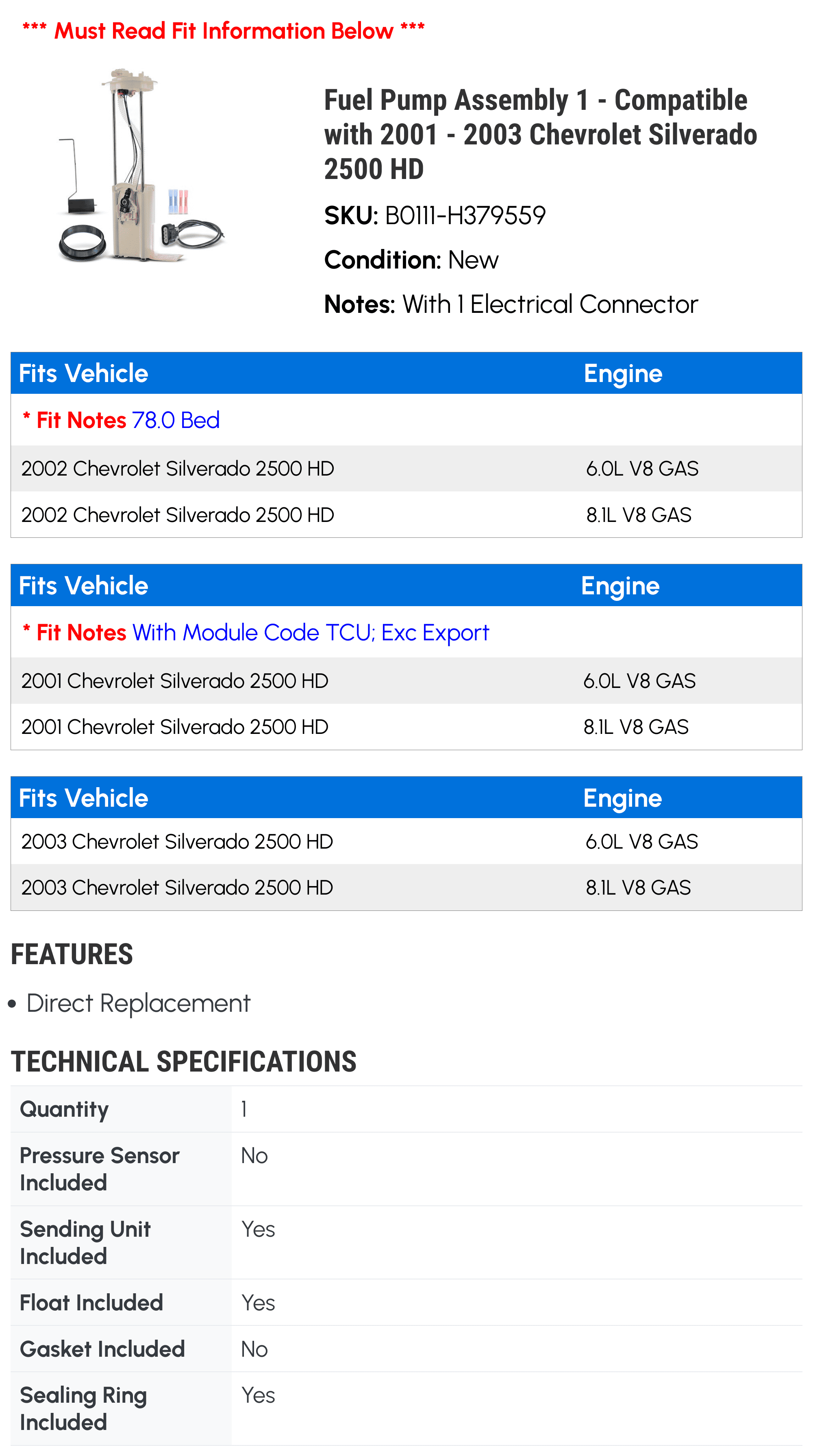 Fuel Pump Assembly 1 - Compatible with 2001 - 2003 Chevy Silverado 2500 HD 2002