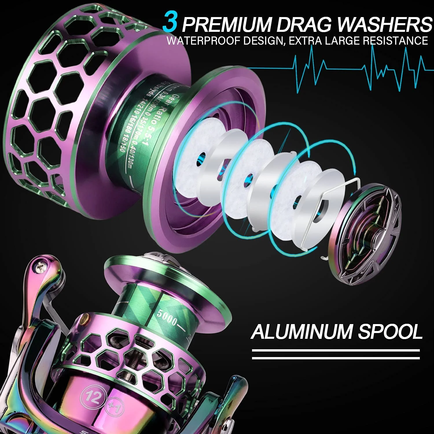 Sougayilang Fishing Reel Colorful Aluminum Frame Spinning Reels with 12+1 Ball Bearings Oversize Aluminum Handle