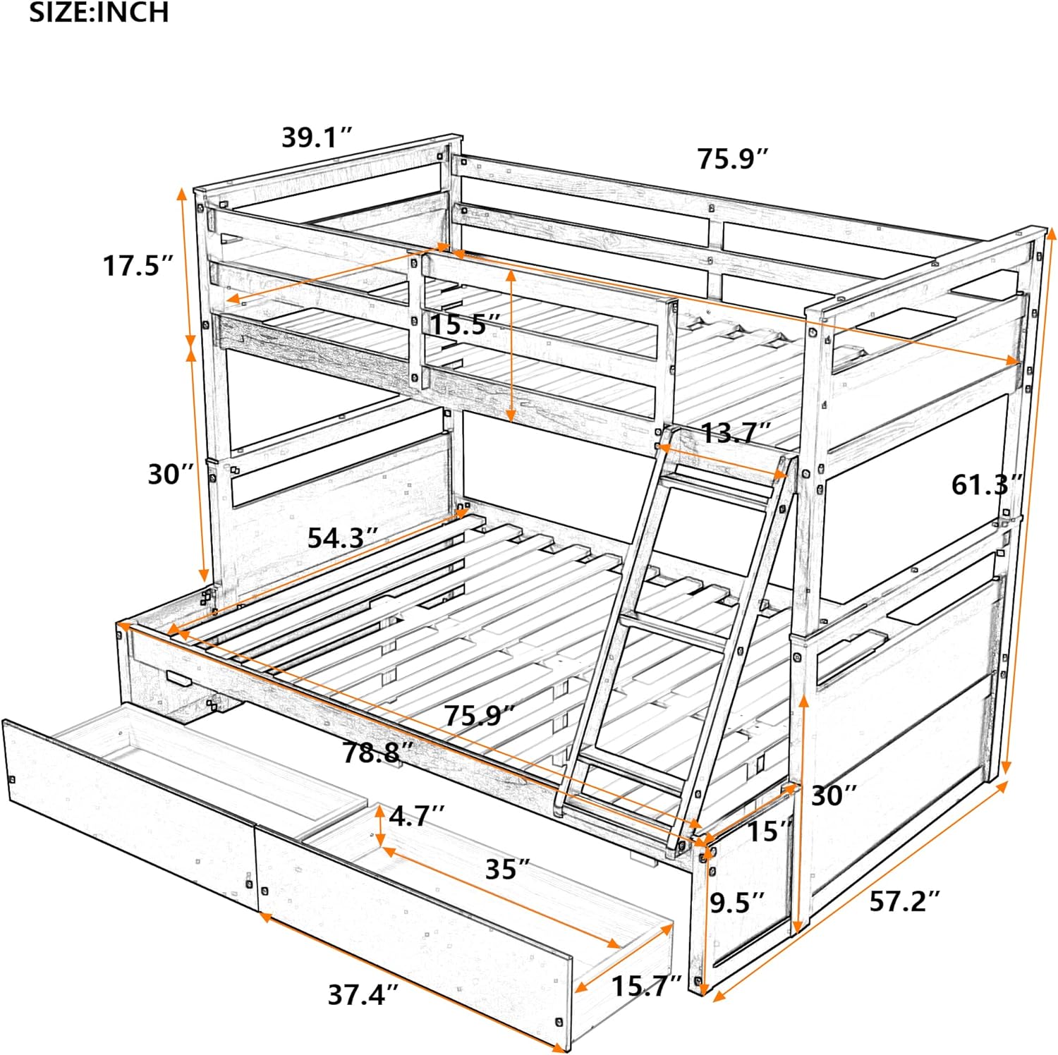 Over Full Bunk Bed With Storage, Wood Bunk Bed Frame With Two Drawer, Safety Guardrail, Ladder, Can Convertible To 2 Separated Beds For Kids, Teens, Adults ( Over Full, White)