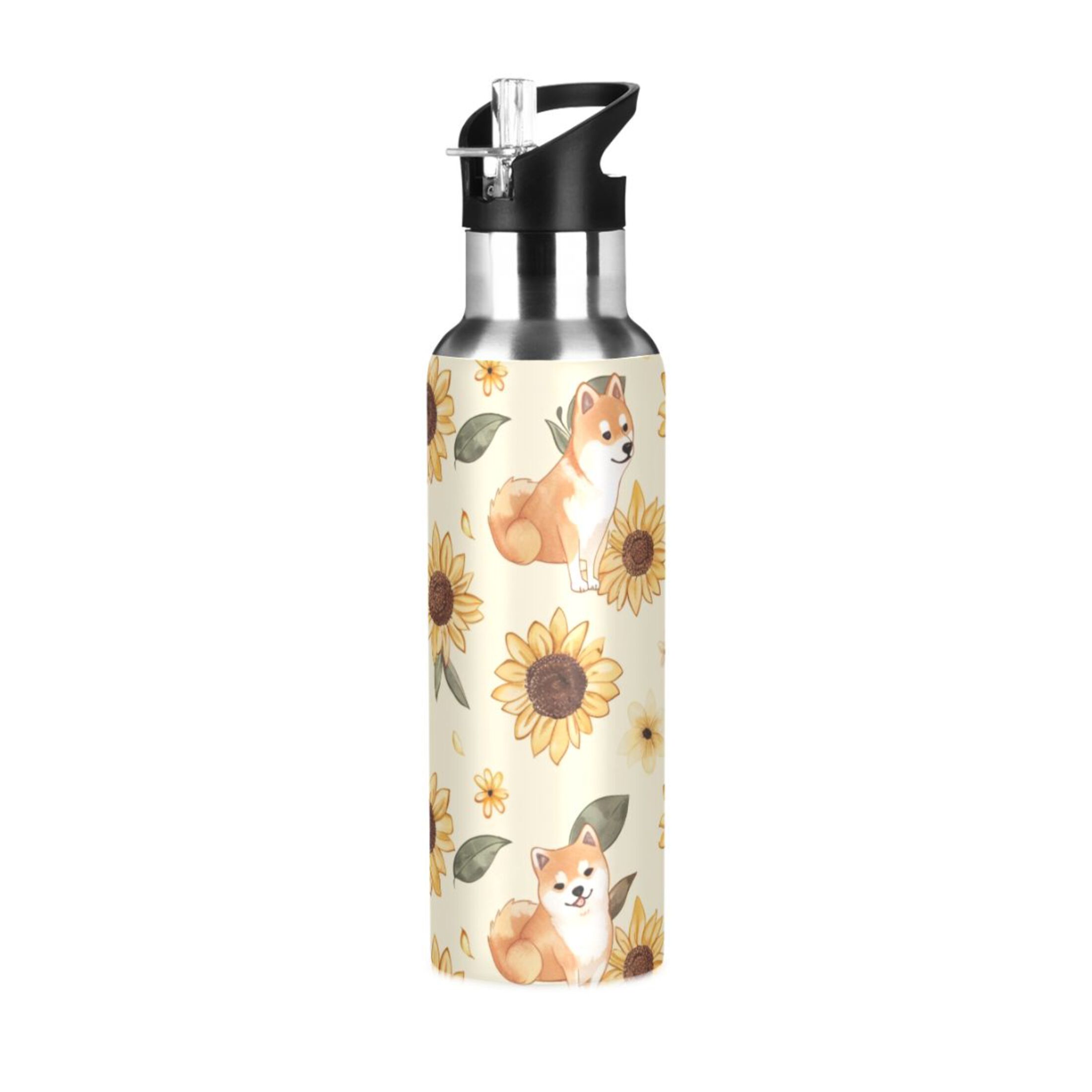 Dogs in Sunflower Water Bottles Insulated Thermos Kids Stainless Steel Bottle with Straw Lid Flask Leakproof for Sports Gym 20 oz