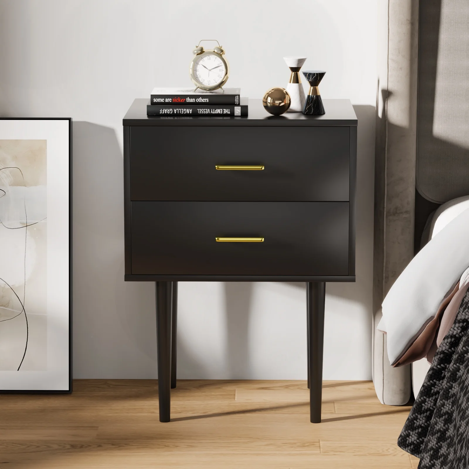 Algherohein Modern 2 Drawer Nightstand,Bedside Table Night Stand for Bedroom,Black,Sturdy,Wood,Adult