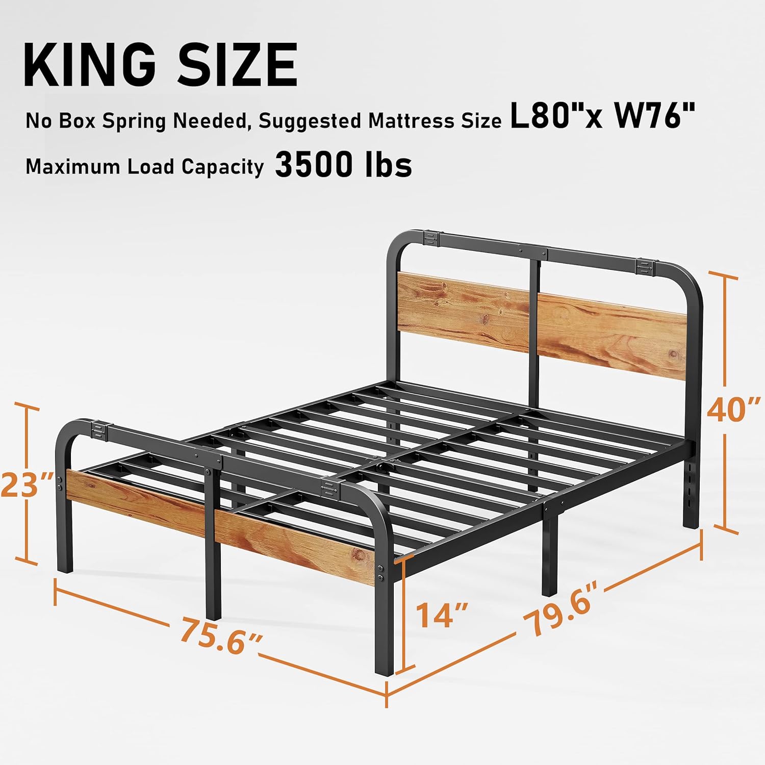 King Size Bed Frame with Wooden Headboard, Heavy Duty Platform Metal, No Box Spring Needed, Strong Metal Slats Support, Noise-Free