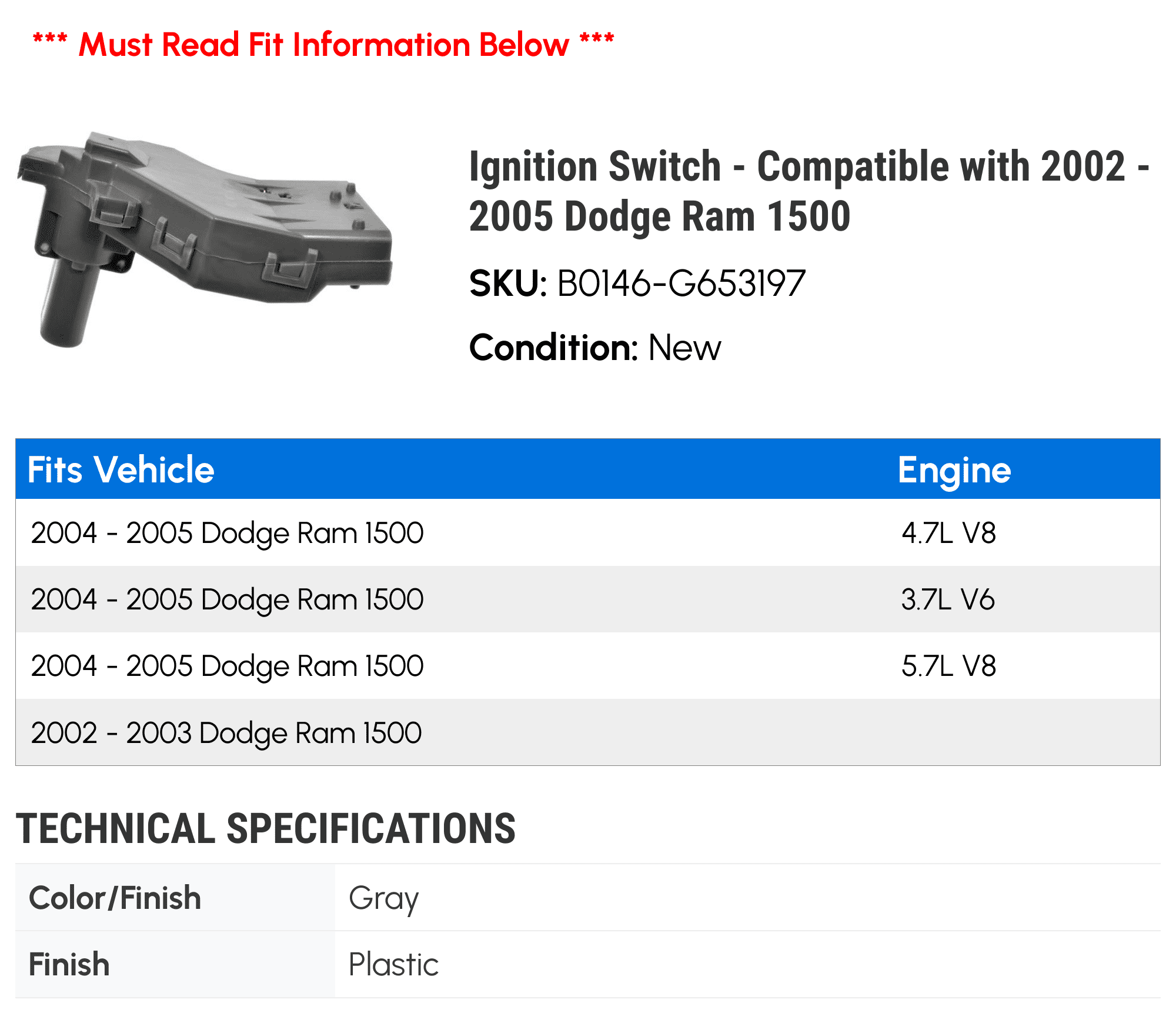 Ignition Switch - Compatible with 2002 - 2005 Dodge Ram 1500 2003 2004