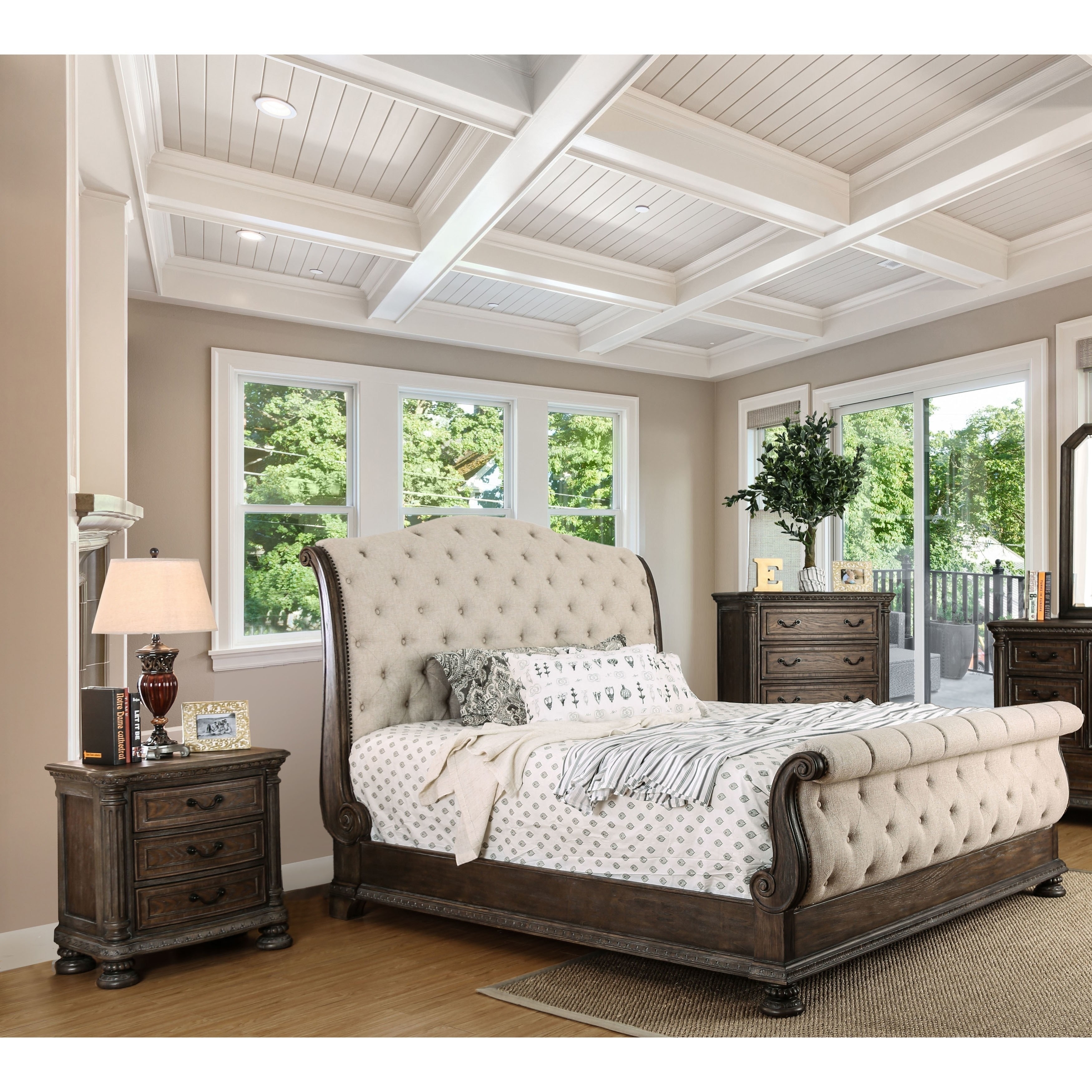 Furniture of America Brev Transitional Brown Fabric Tufted 3-Piece Sleigh Bedroom Set by  Eastern King