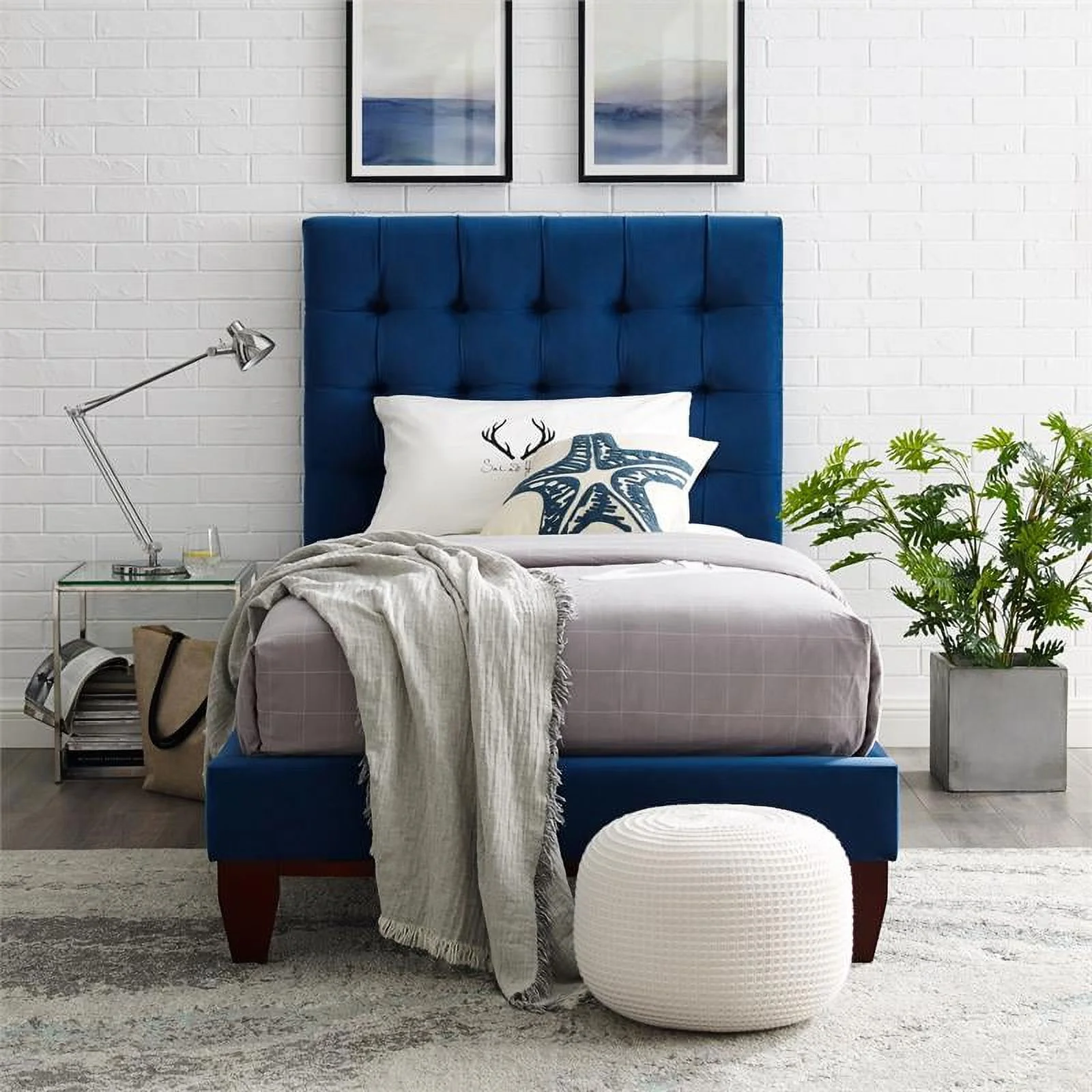 Blake Beds Navy Velvet Twin Button Tufted