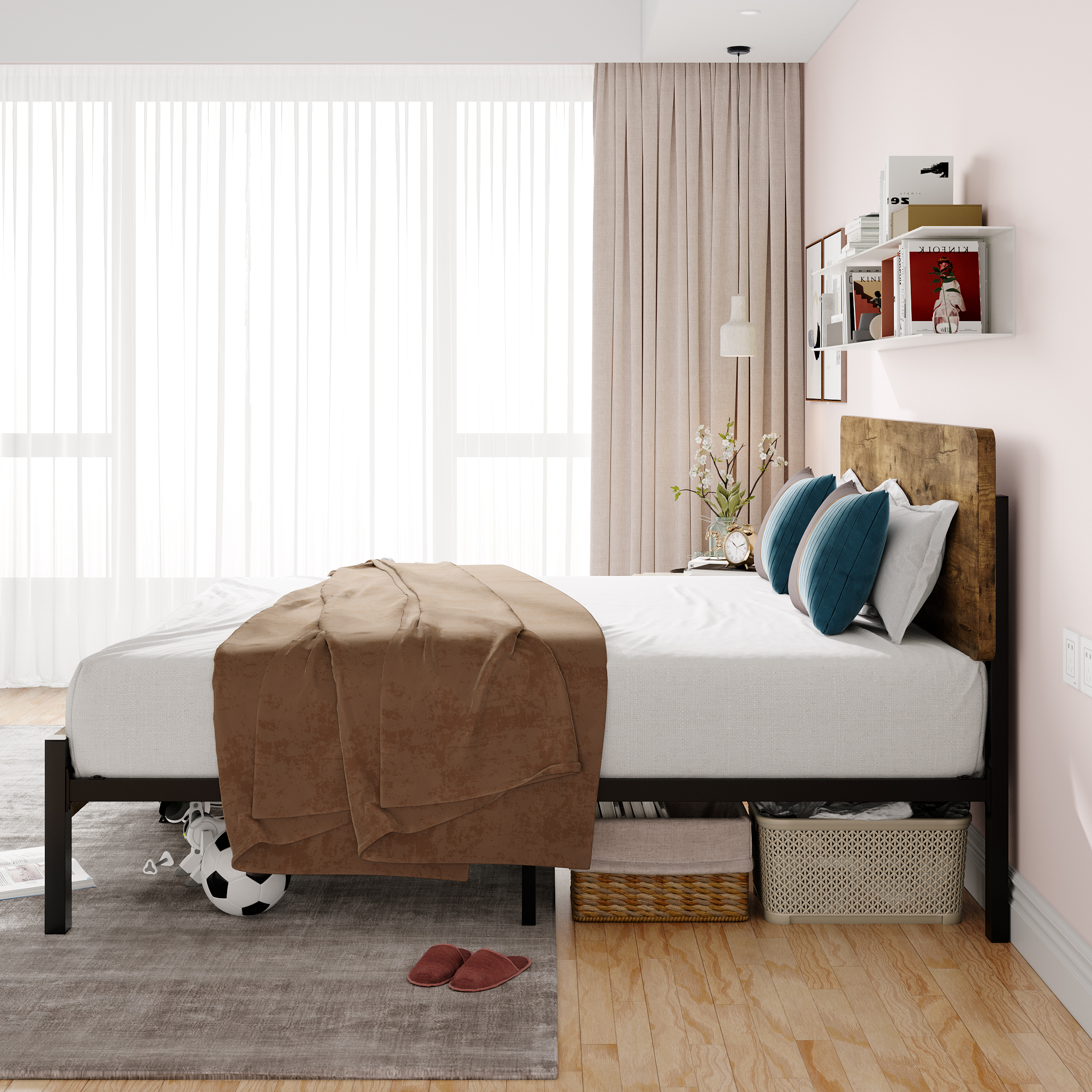 Sha Cerlin Full Size Metal Platform Bed Frame with Industrial Wooden Headboard & Underbed Storage, Mattress Foundation, Black&Brown, Adult