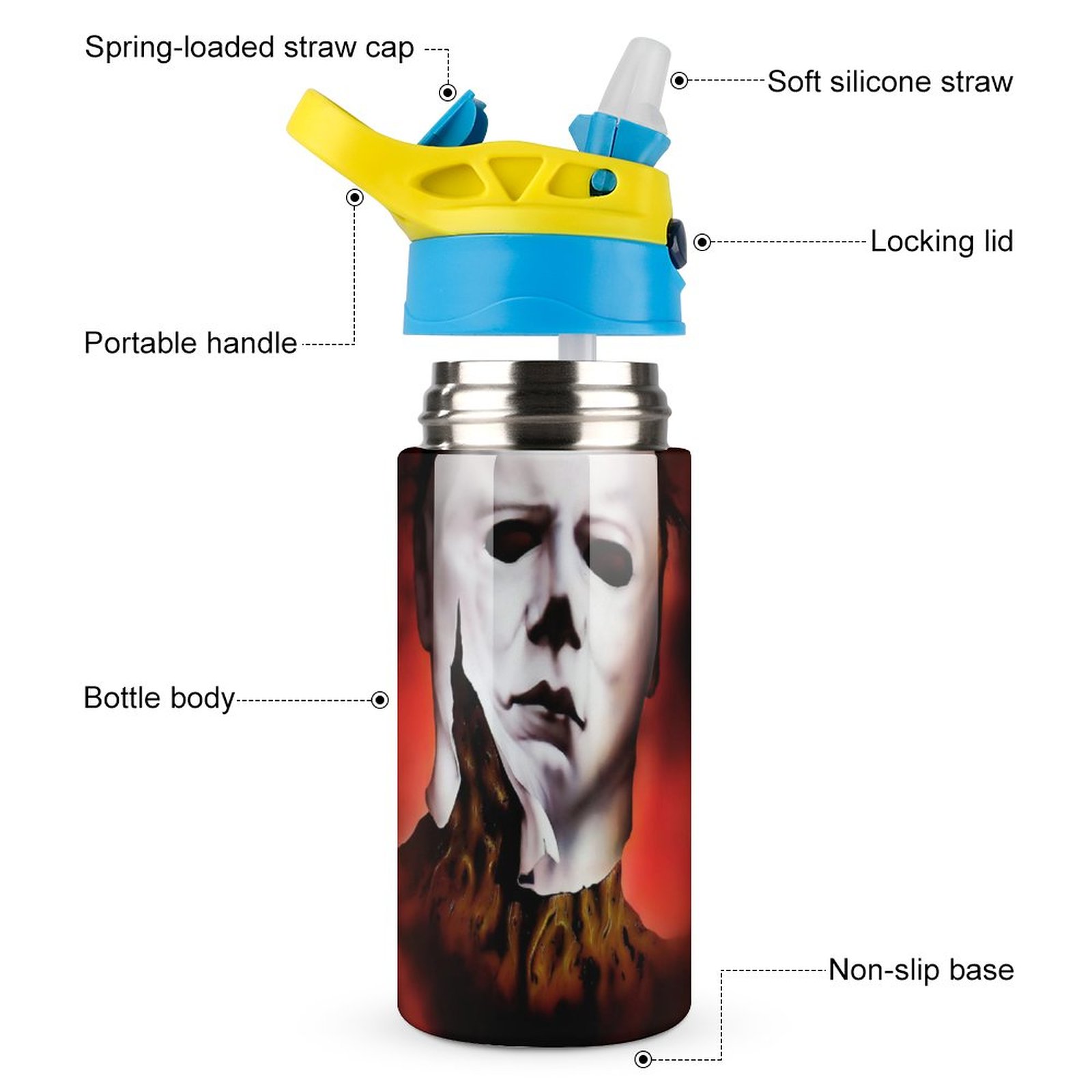 Face Michael Myers Kid's Insulated Water Bottle With Straw Vacuum Stainless Steel Cup Leak-Proof Children Toddler Thermoses