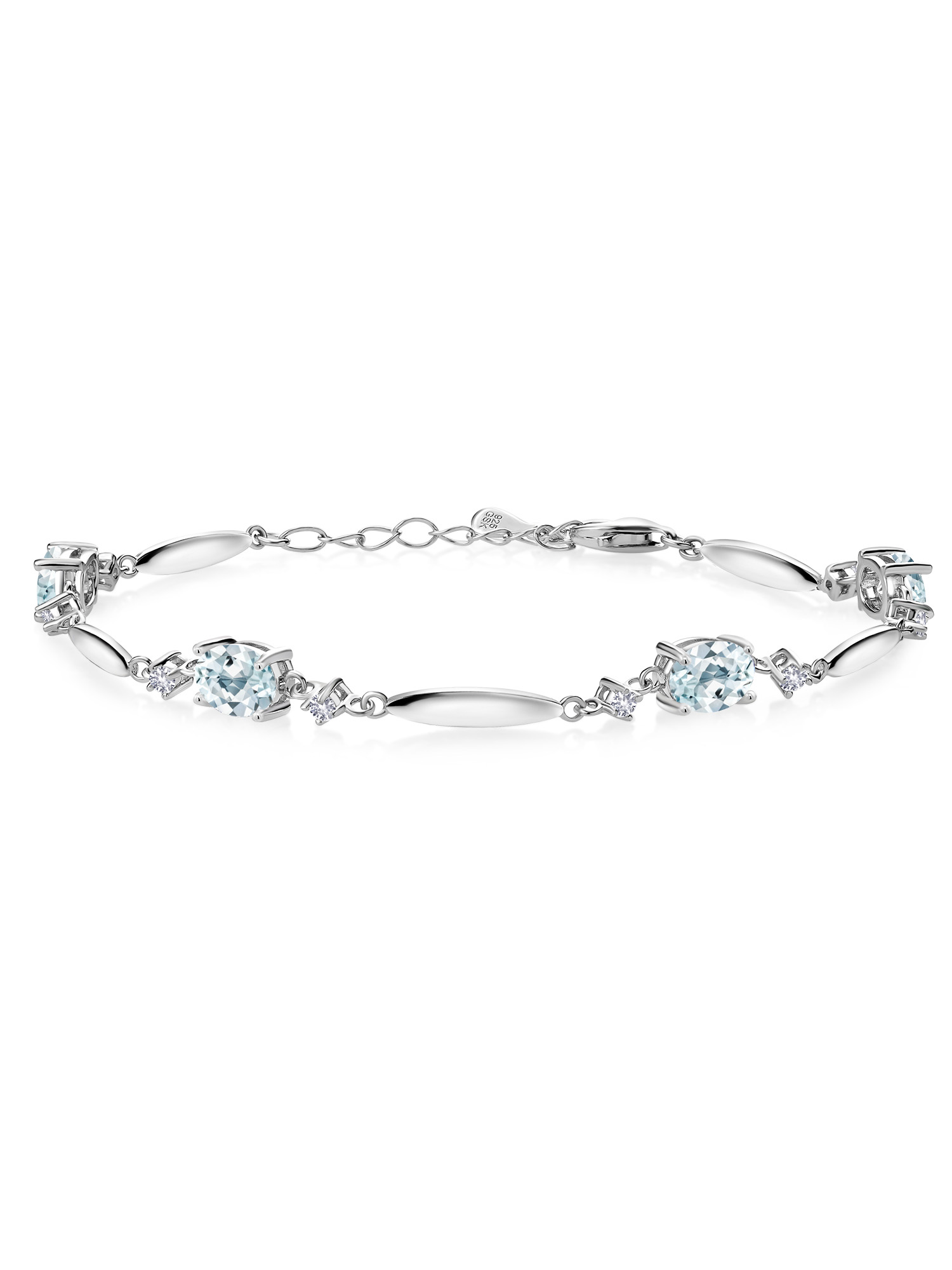 Gem Stone King 925 Sterling Silver Sky Blue Aquamarine and White Created Sapphire Tennis Bracelet For Women | 3.32 Cttw | Gemstone March Birthstone | Oval 7X5MM | 6 inch + 1 inch Extender