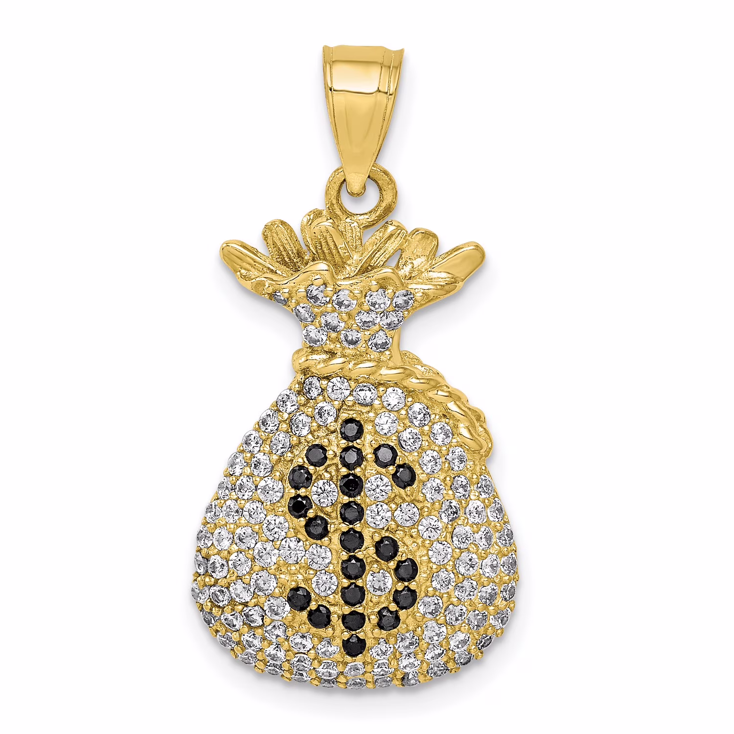 Black and Clear CZ Micro Pave Money Bag Pendant In Real 10k Yellow Gold