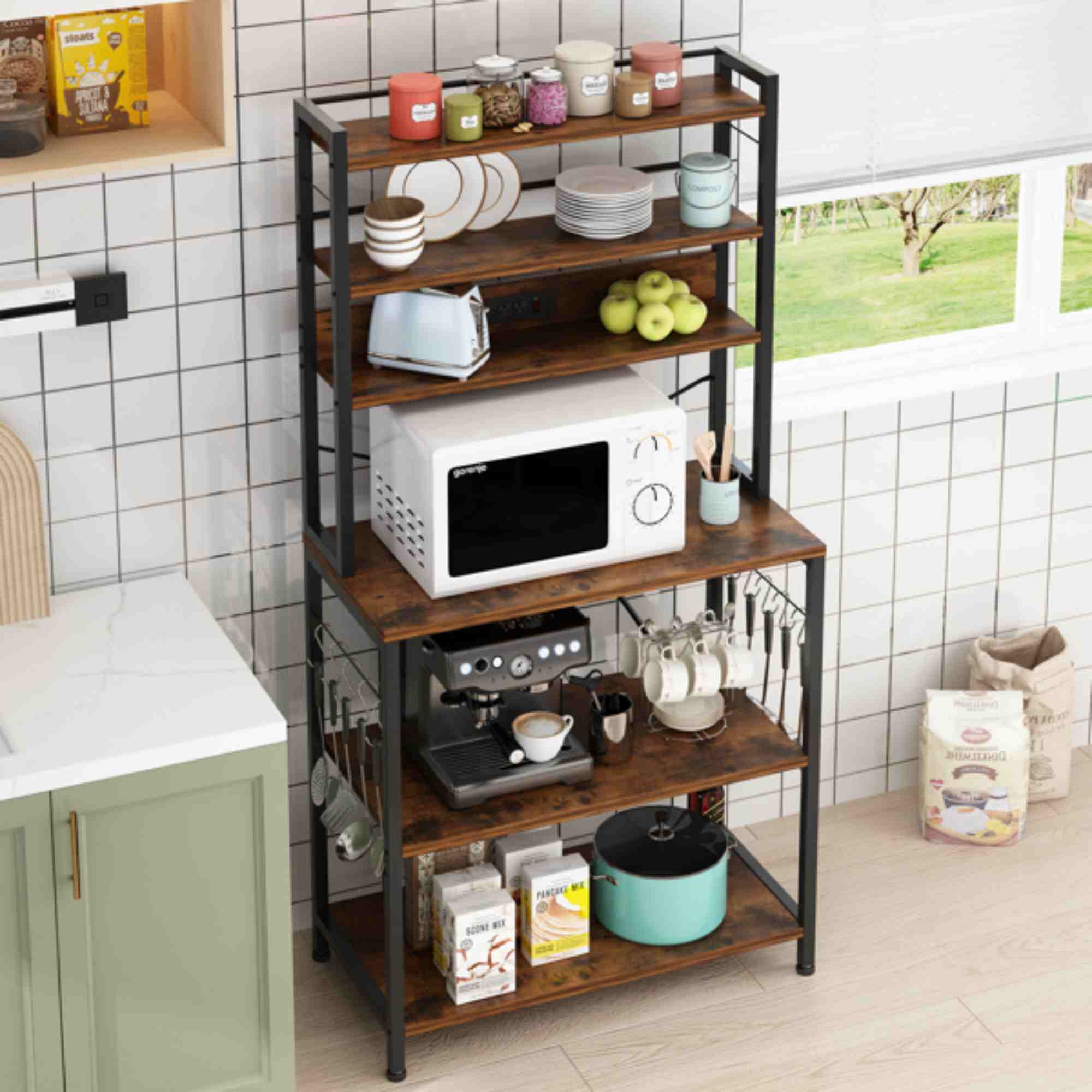 Dinling 6 layers with strips and 10 S hooks, microwave oven rack, 80*40*170cm, retro brown plate, black