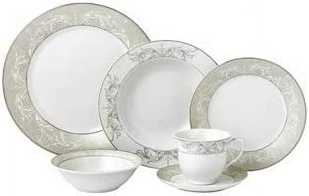 LH439 24 Piece Silver Border Porcelain Dinnerware Set-Service for 4--Mix and Match, One Size, White