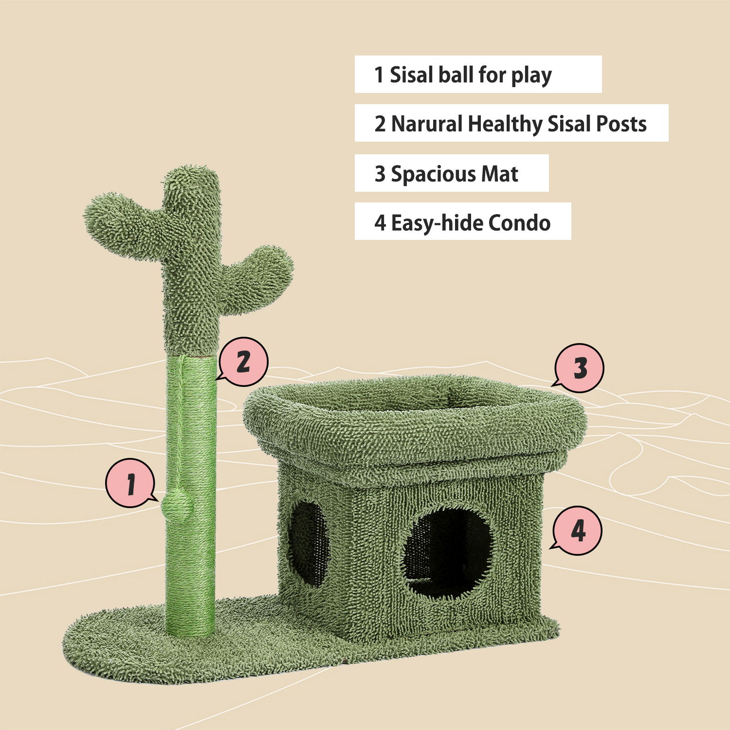 ZephyPaws Cat Tree 27.6 inches with Cactus Scratching Posts, Creative Scratching Posts, Stylish Cat Tree, with Ball and Cat House Green
