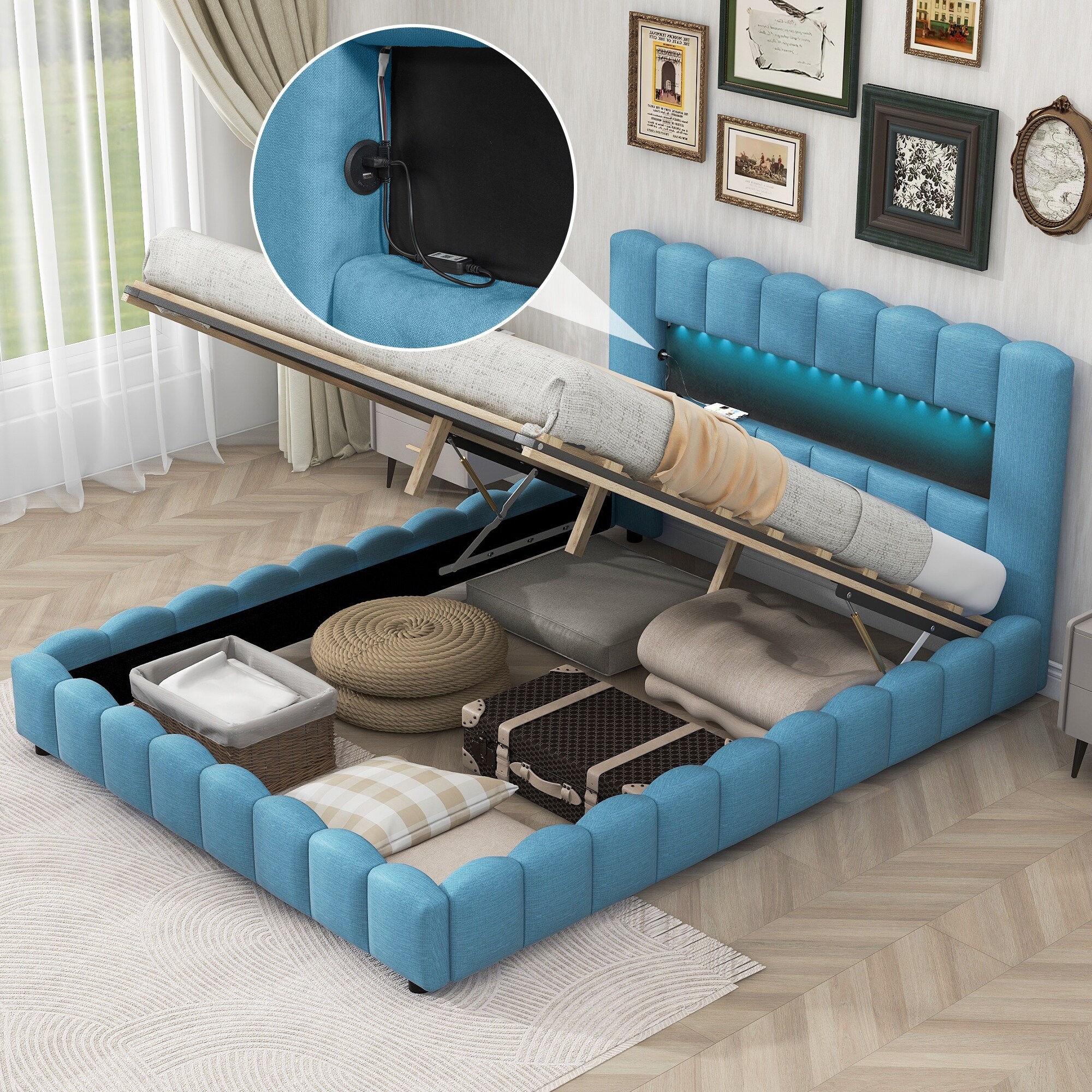 Queen Size Upholstered Platform Bed with LED Headboard and USB