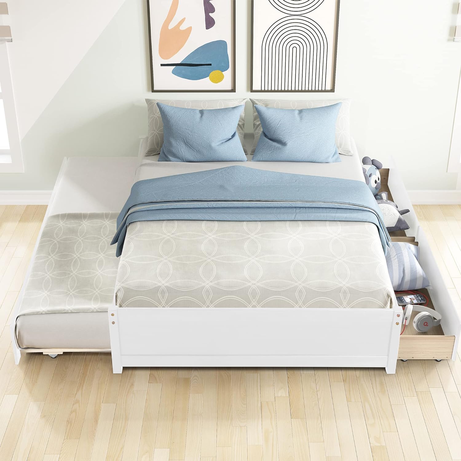 Wood Platform Bed Frame, Full Bed With Trudle Ad Drawers, Trudle Platform Bed Full Size, Captai Bed With Pull Out Trudle Ad Storage For Kids Tees Ad Adults White