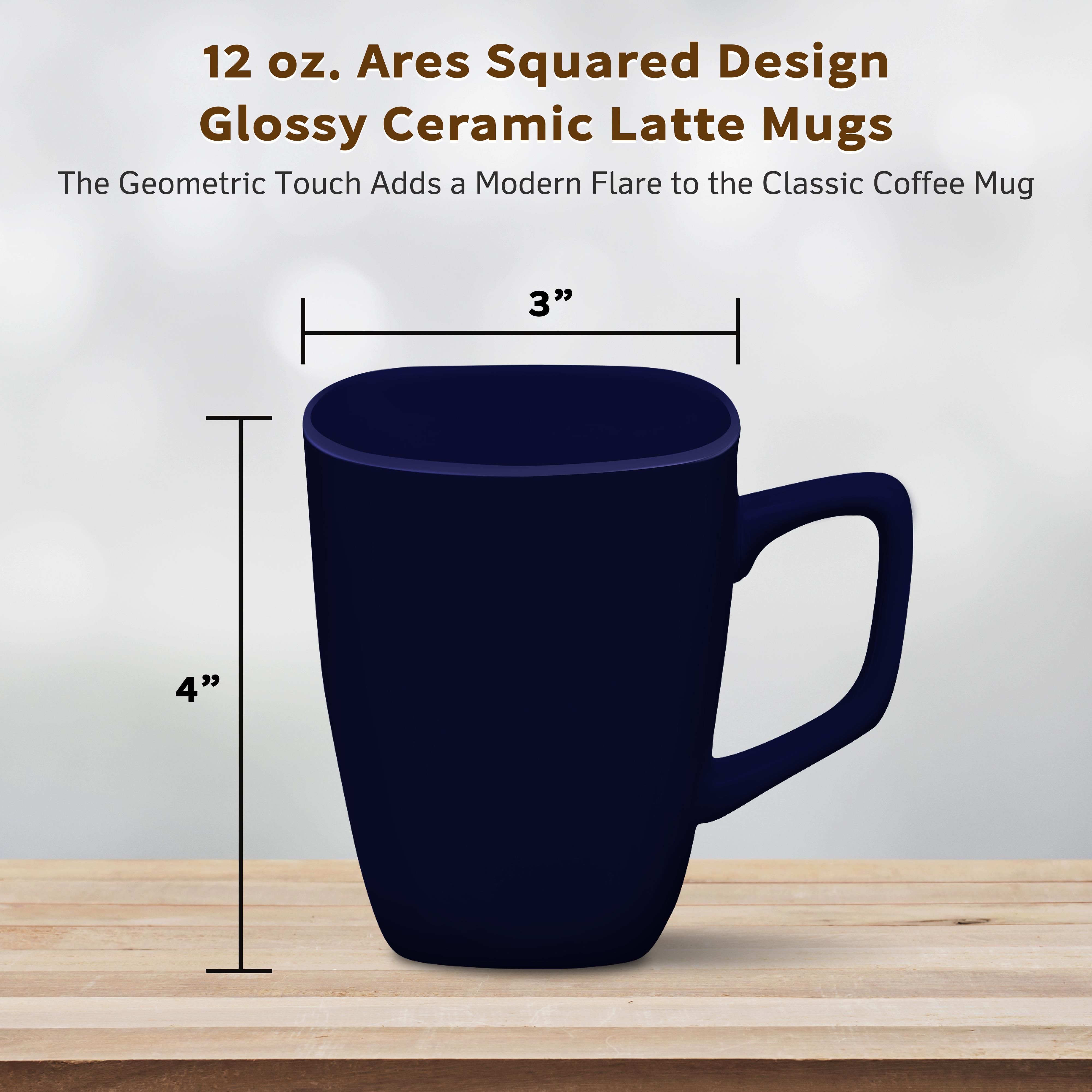 10 Ares Glossy Ceramic Latte Mugs Set, 12 oz. - Stoneware, Glossy, Durable, C-handle - Cobalt Blue