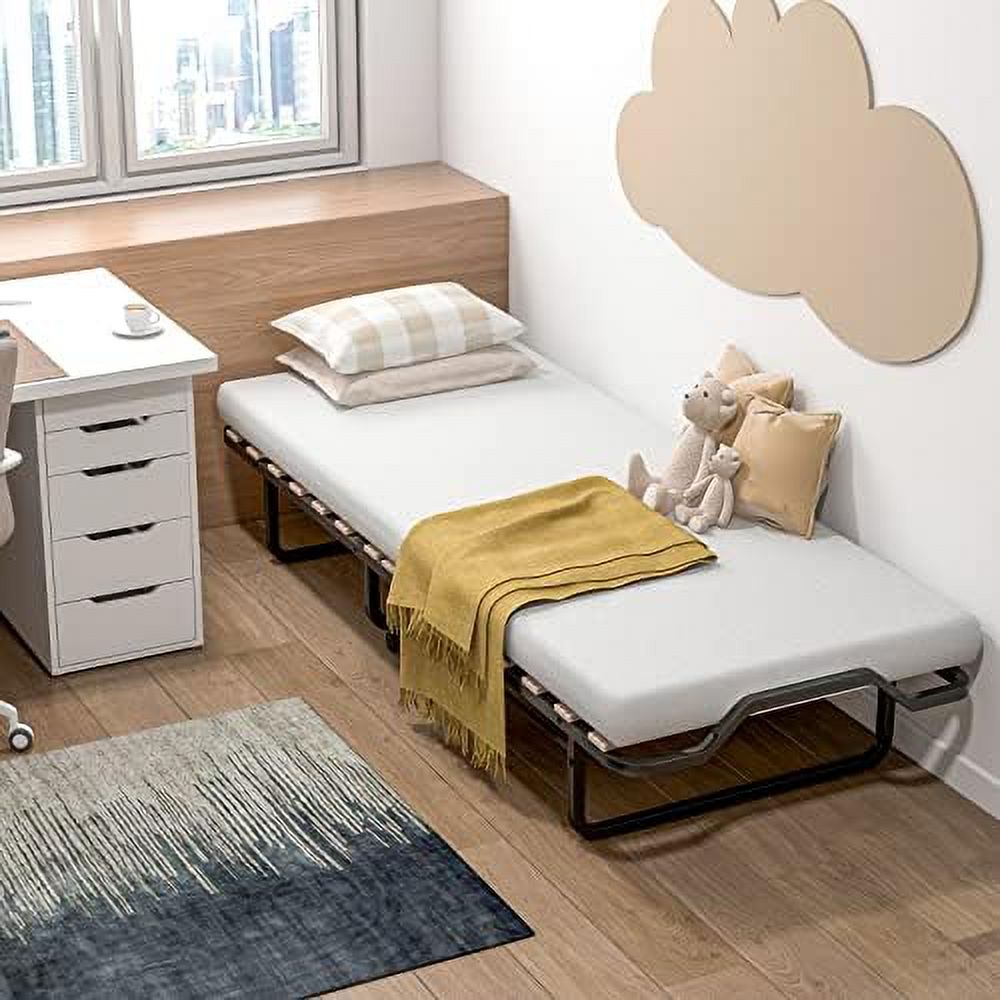 NLIBOOMLife Folding Bed with 4 Inch Mattress for Adults  Cot Size Rollaway Guest Bed w/Memory Foam Mattress & Solid Wood Slats  Portable Foldable Bed with Lockable Wheels for Office R