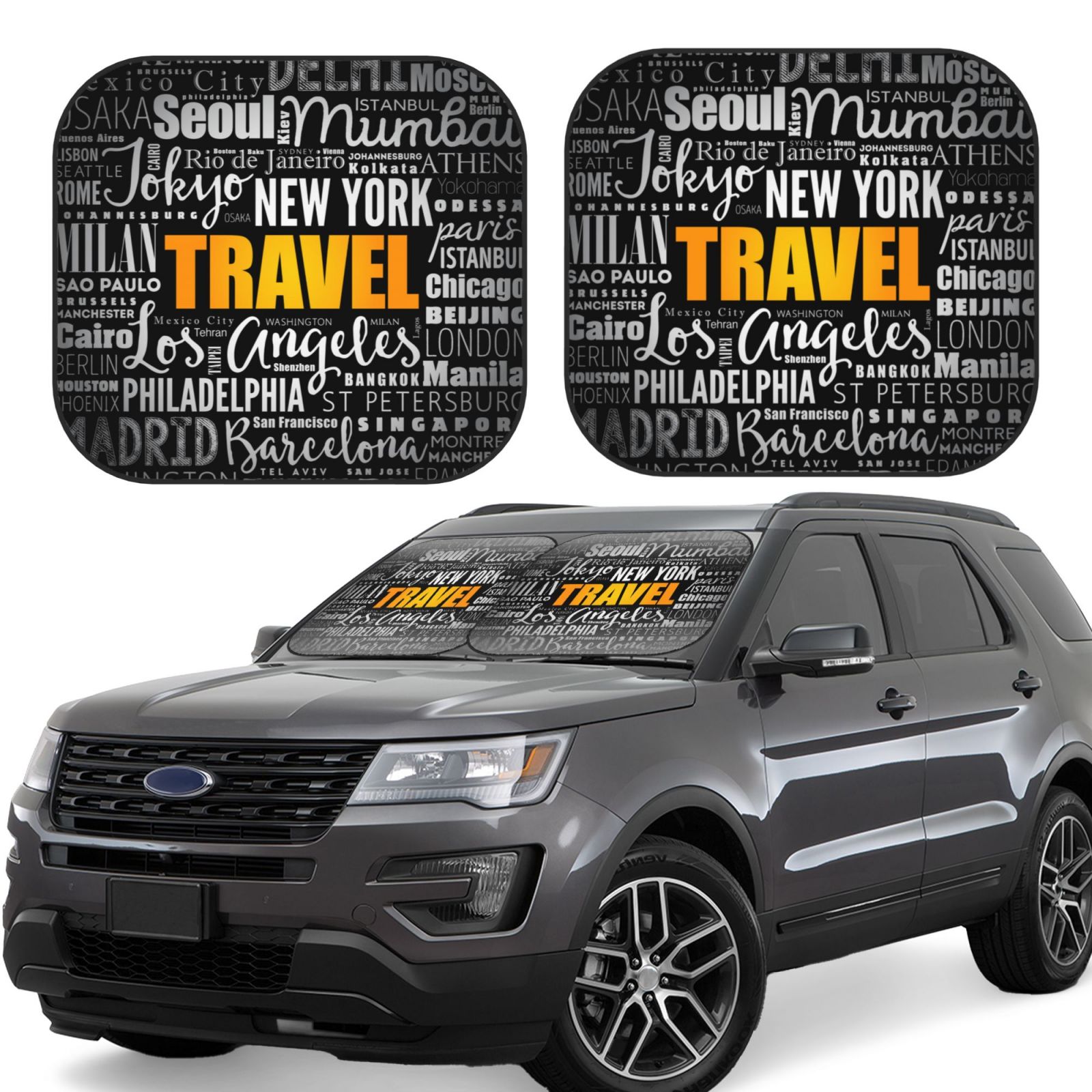 Lukts Travel Print 2 Piece Car Sun Shade Windshield,Foldable Car Shade Front Windshield With Keeps Your Vehicle Cool, For Most Sedans Suv And Trucks - Medium