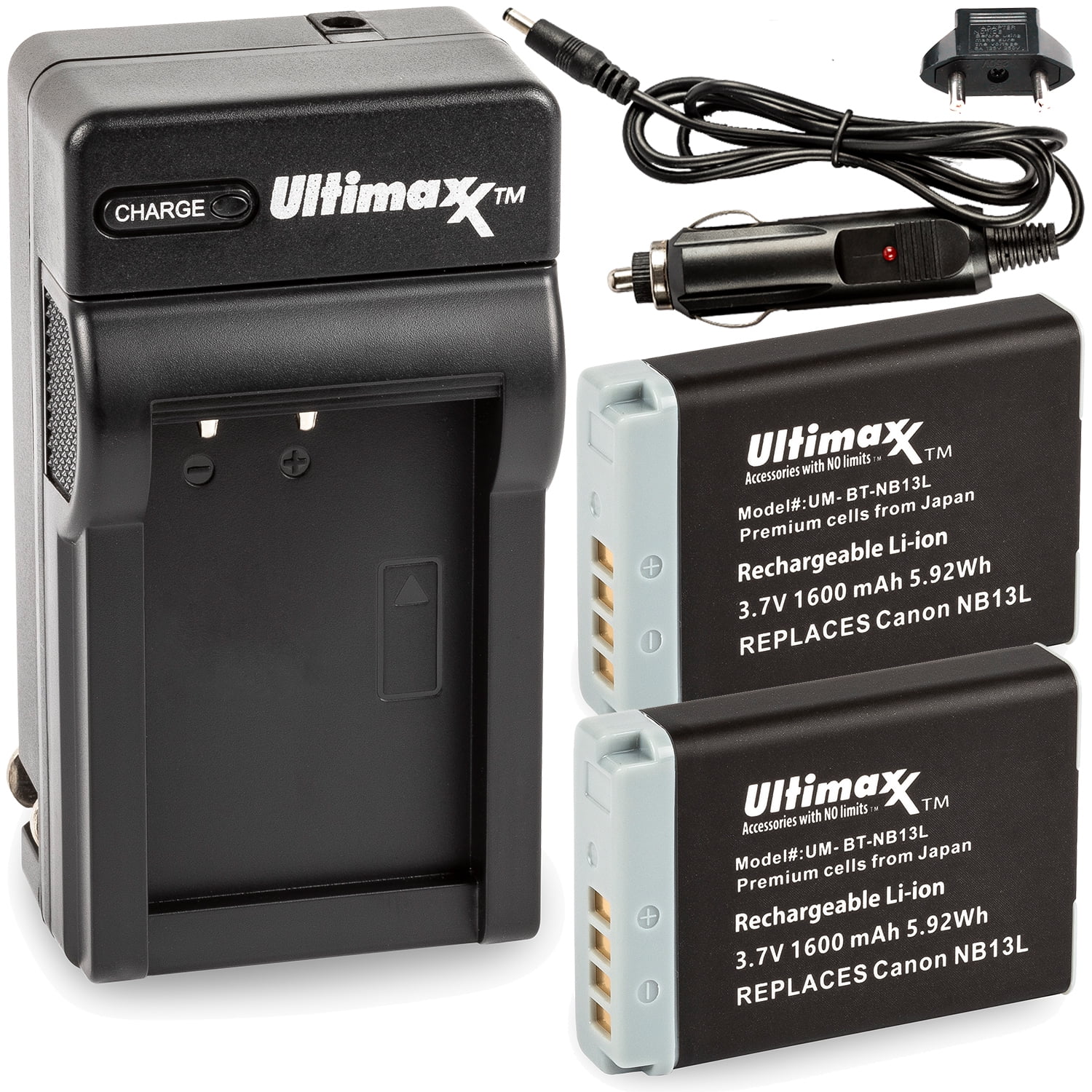 Ultimaxx 2x NB-13L Extended Life Batteries (1600 mAh) with AC/DC Rapid Travel Charger with Car & EU Adapters