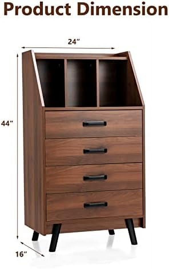 HOOMHIBIU 4 Drawer Dresser for Bedroom  Modern Chest of Drawers with Bookshelf  Wood Dressers & Chests of Drawers  Small Drawers for Bedroom  Living Room  Entryway  Home Office (Walnu