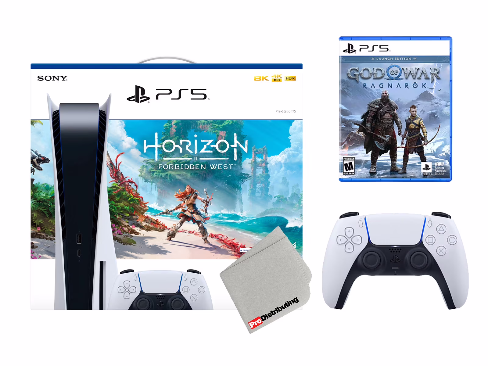 Sony Playstation 5 Disc Horizon Forbidden West with God of War Ragnarök Launch Edition, Extra Controller and Microfiber Cloth Bundle - Glacier White