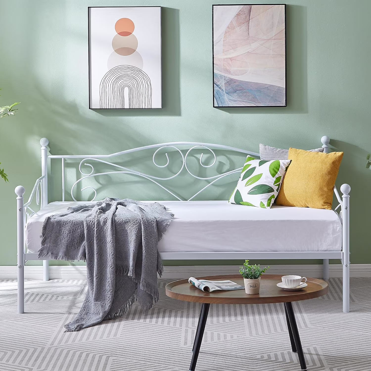 YGDU Daybed, Metal Twin Bed Frame with Headboard, Heavy Duty Steel Slats Support for Living Room Bedroom Guest Room, Easy Assembly