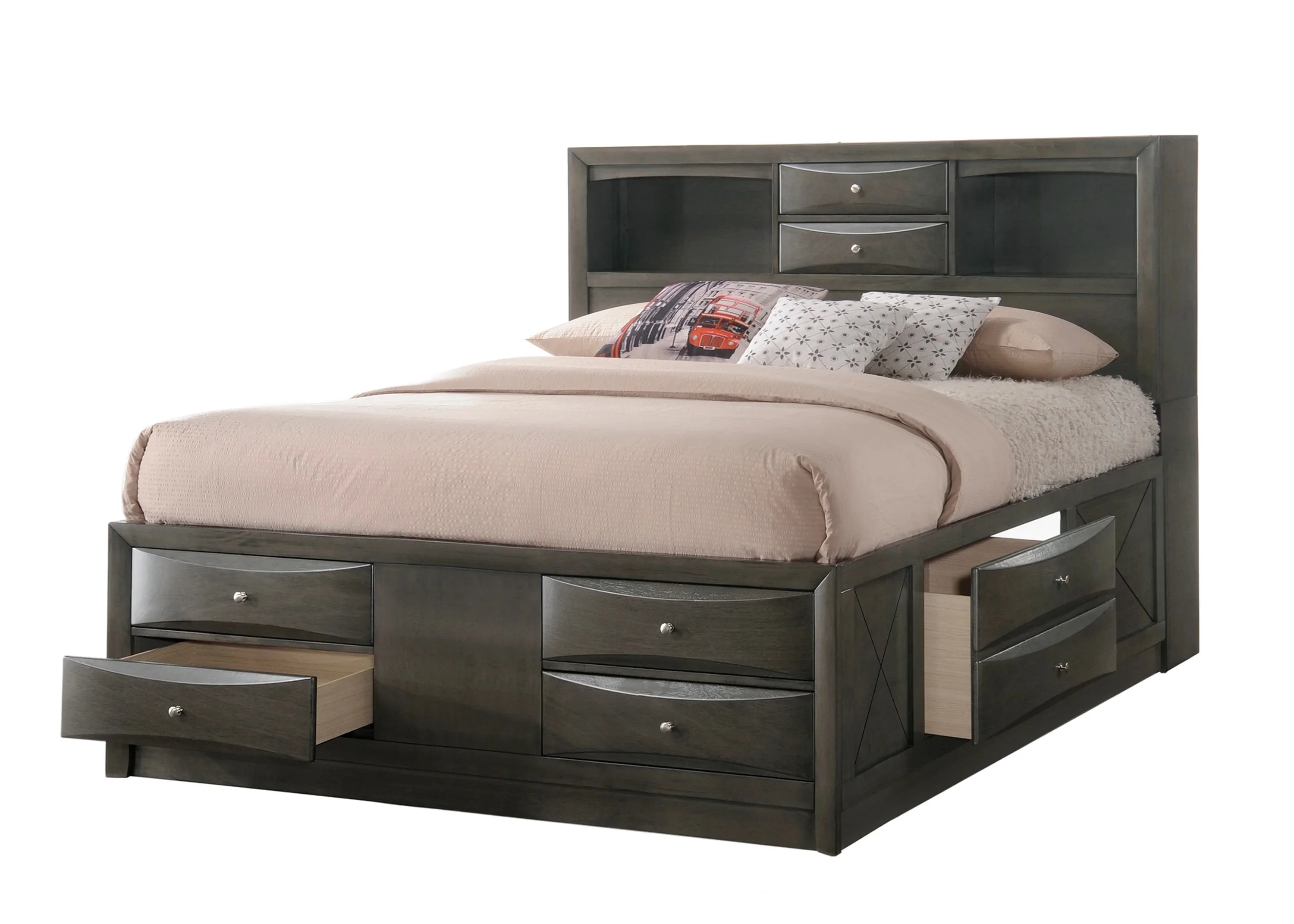 Contemporary King Size 3pc Captains Bed Nightstands Set Storage Drawers Gray Finish Wooden Bedroom