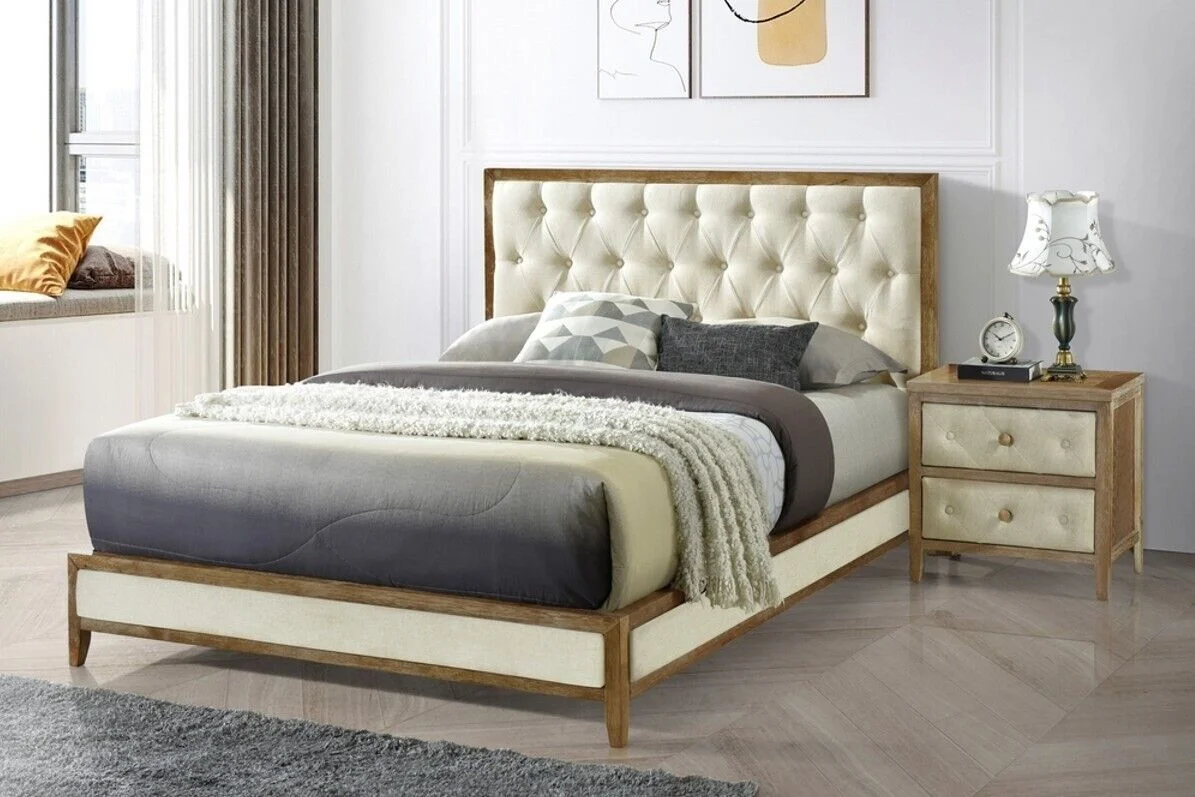 Modern Bedroom 3pc Queen Bed and 2x Nightstand Set Button-Tufted Walnut Finish Wooden Furniture